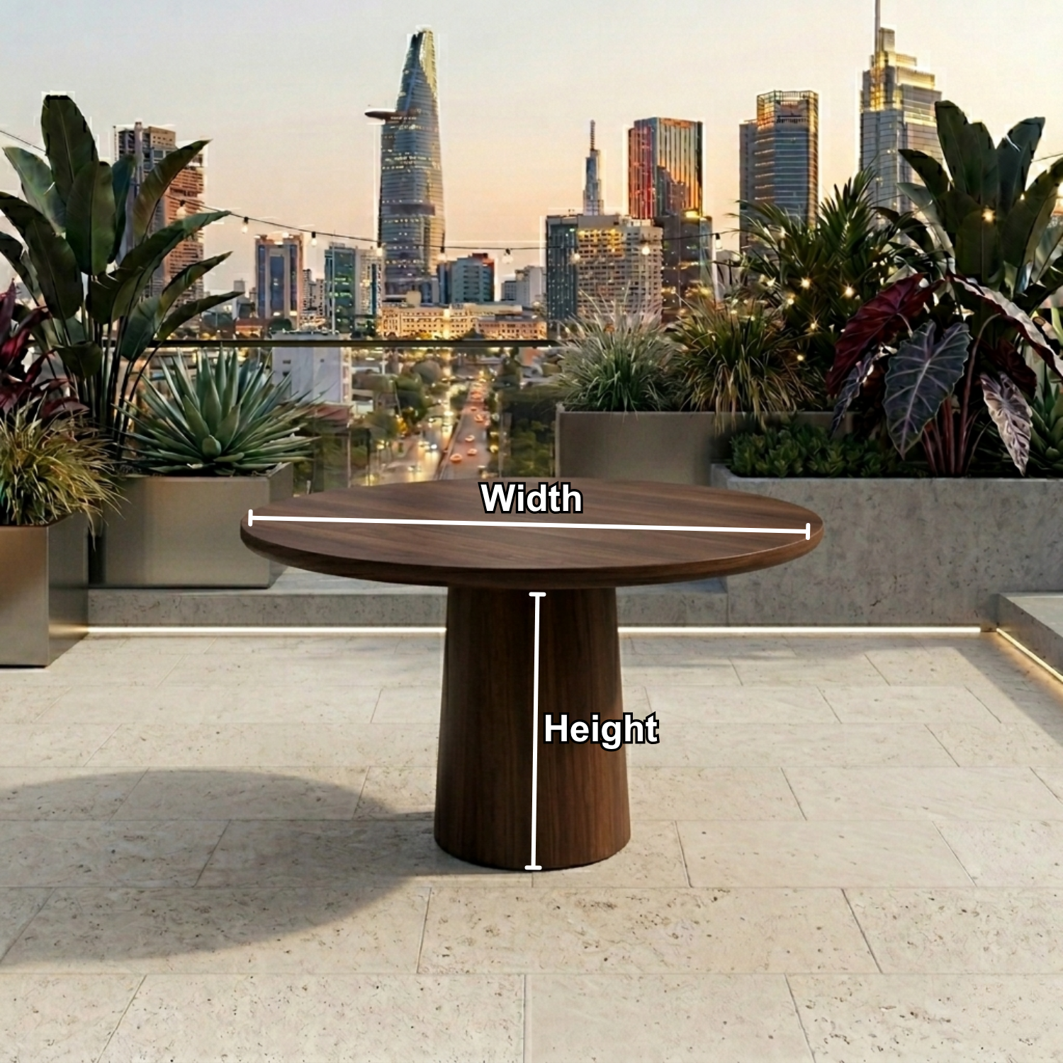 Round Solid Wood Outdoor Dining Table with Minimalist Cylinder Pedestal Base