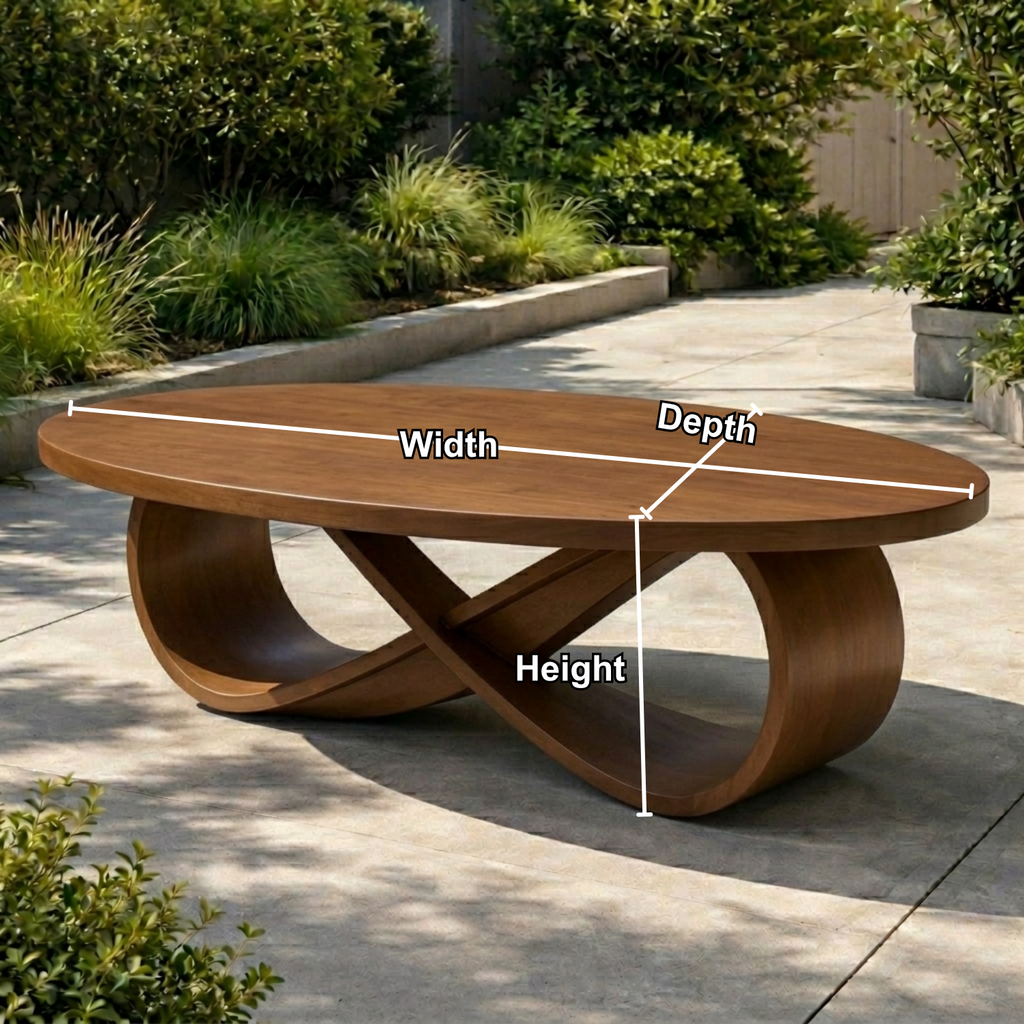 Solid Wood Outdoor Dining Table Oval Top with Sculptural Curved Loop Base