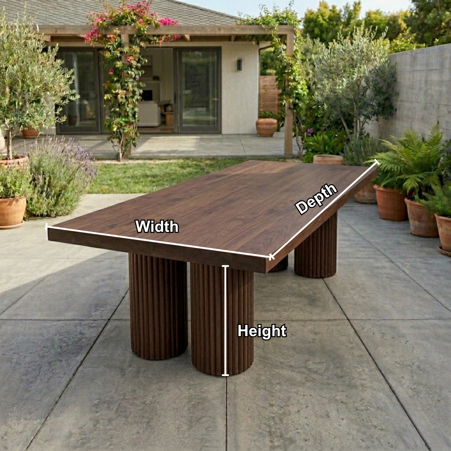 Rectangular Solid Wood Outdoor Dining Table with Double Fluted Pedestal Bases