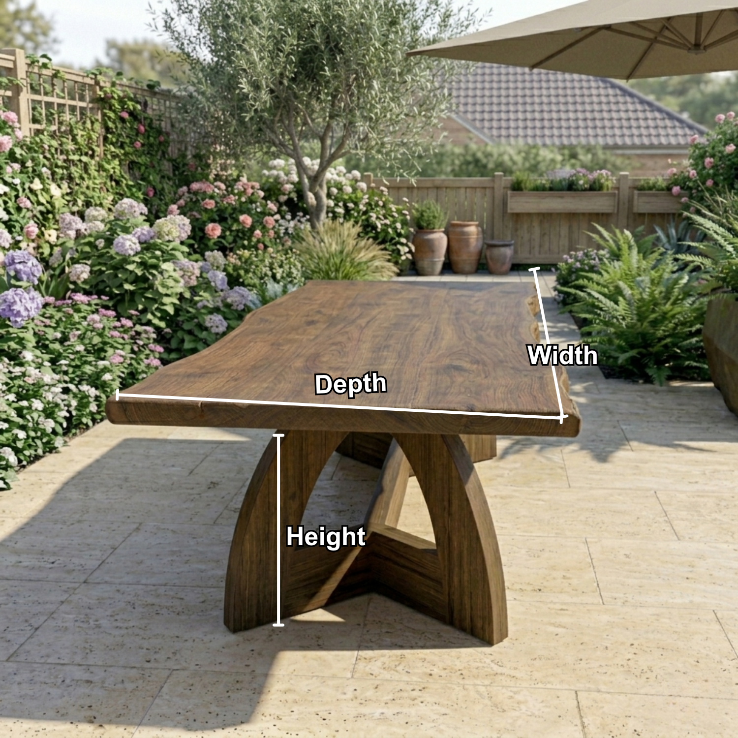 Live Edge Solid Wood Outdoor Dining Table with Sculptural Arch Pedestal Base