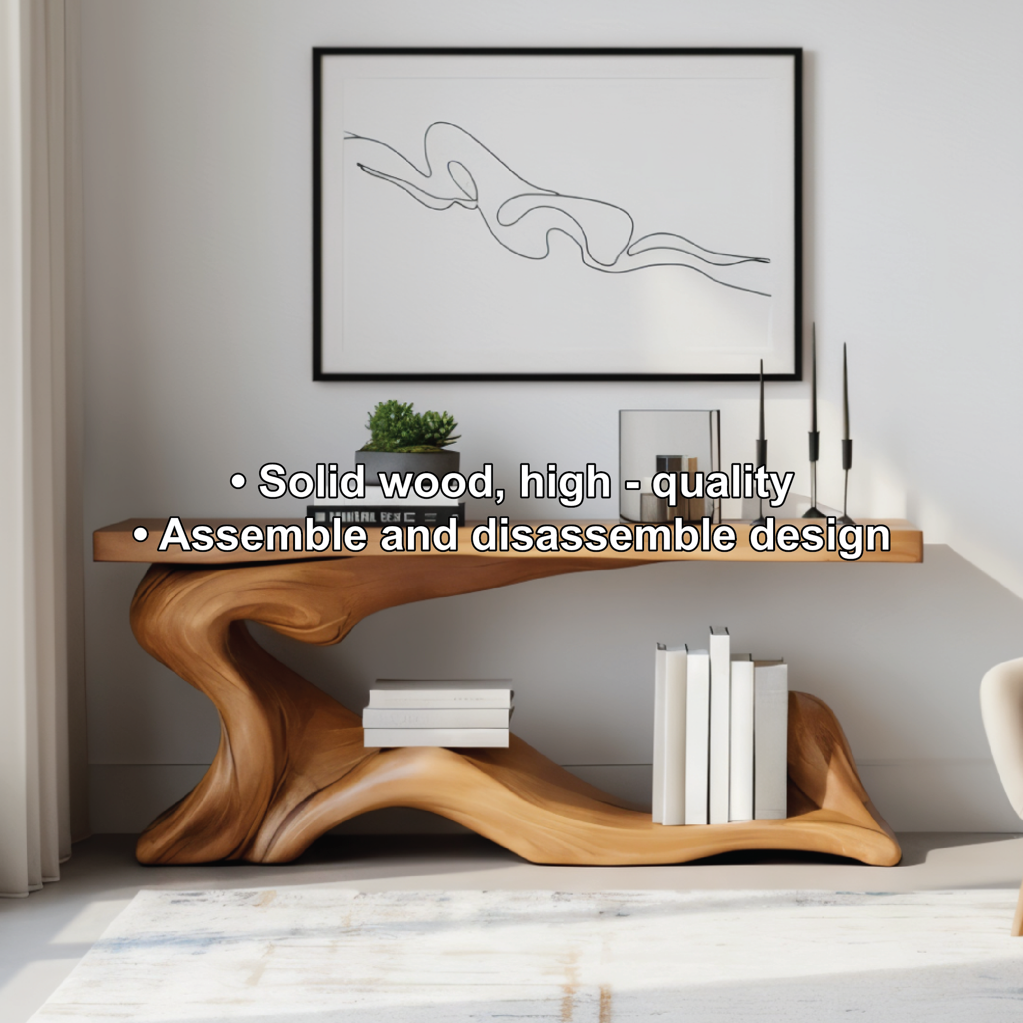 Handcrafted Solid Wood Console Table with Sculptural Organic Base and Modern Minimalist Design