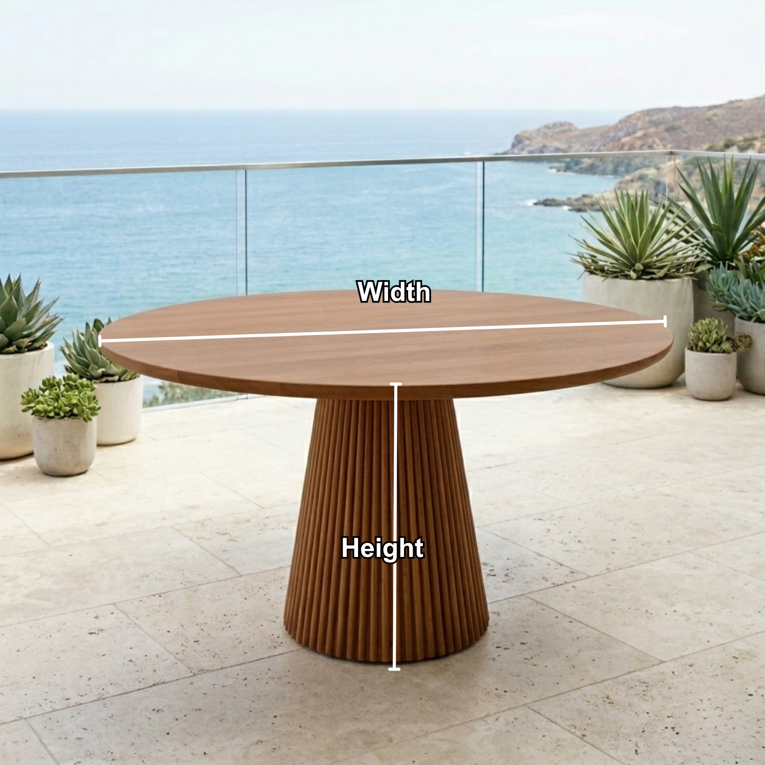 Round Solid Wood Outdoor Dining Table with Fluted Pedestal Base