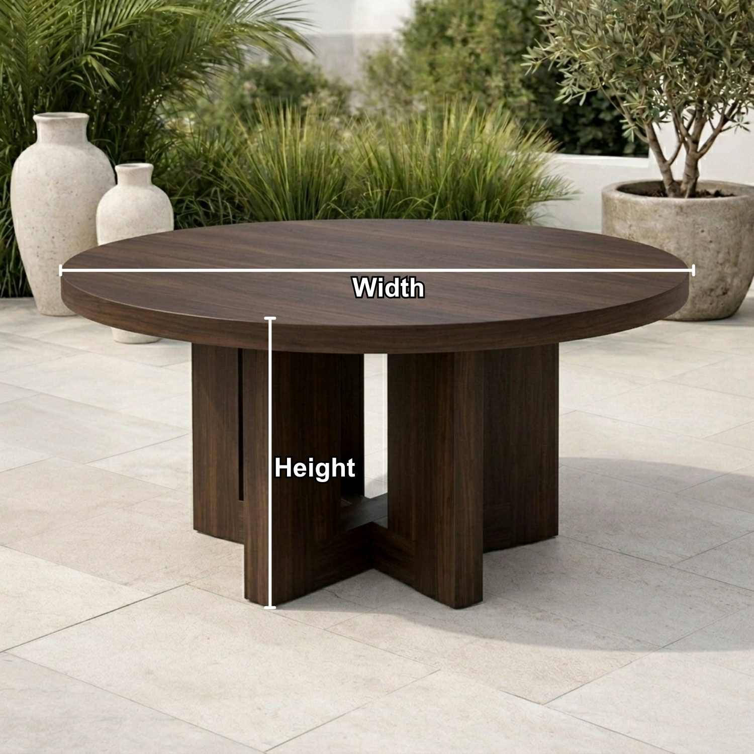 Round Solid Wood Outdoor Dining Table with Architectural Pedestal Base