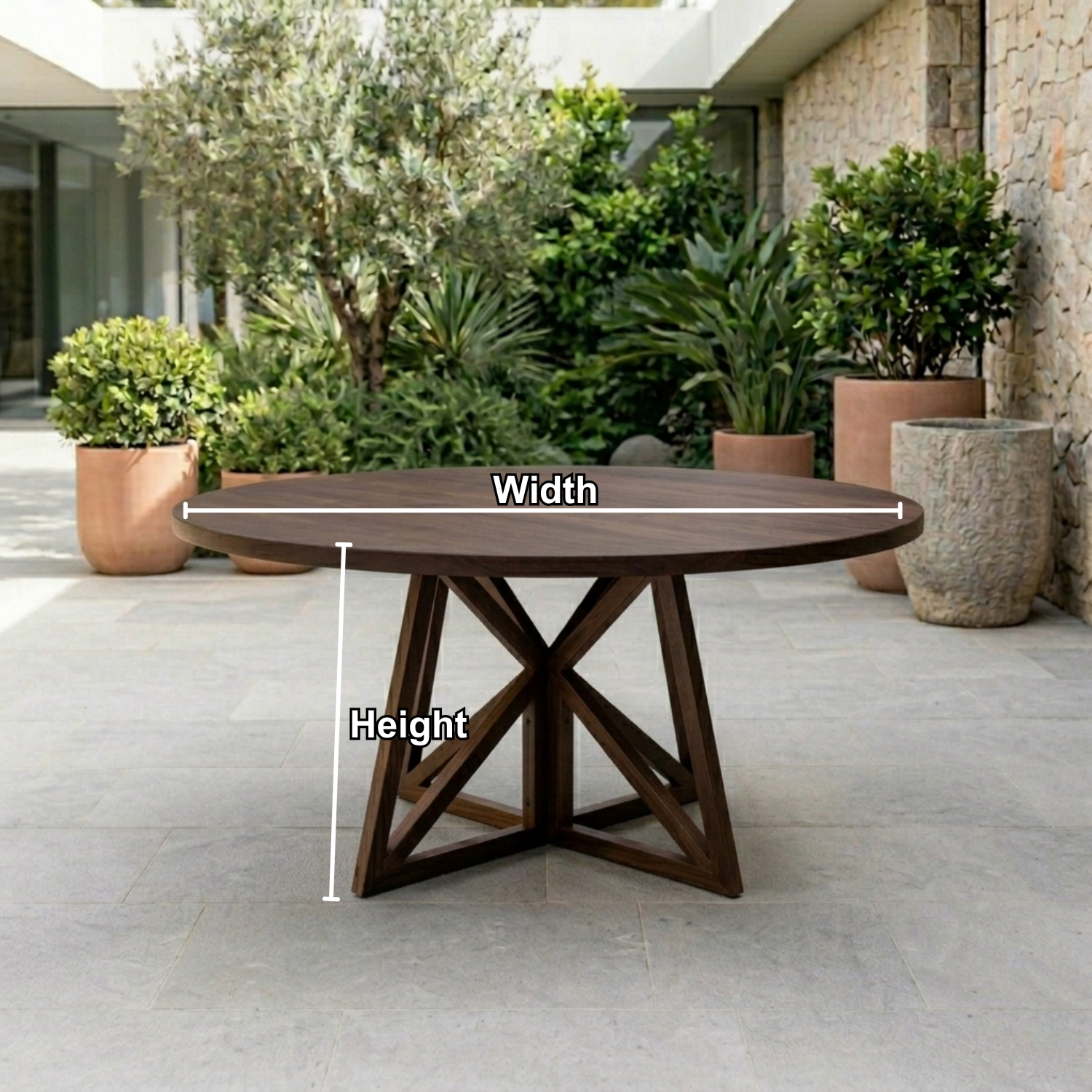 Round Solid Wood Outdoor Dining Table with Geometric Cross Pedestal Base