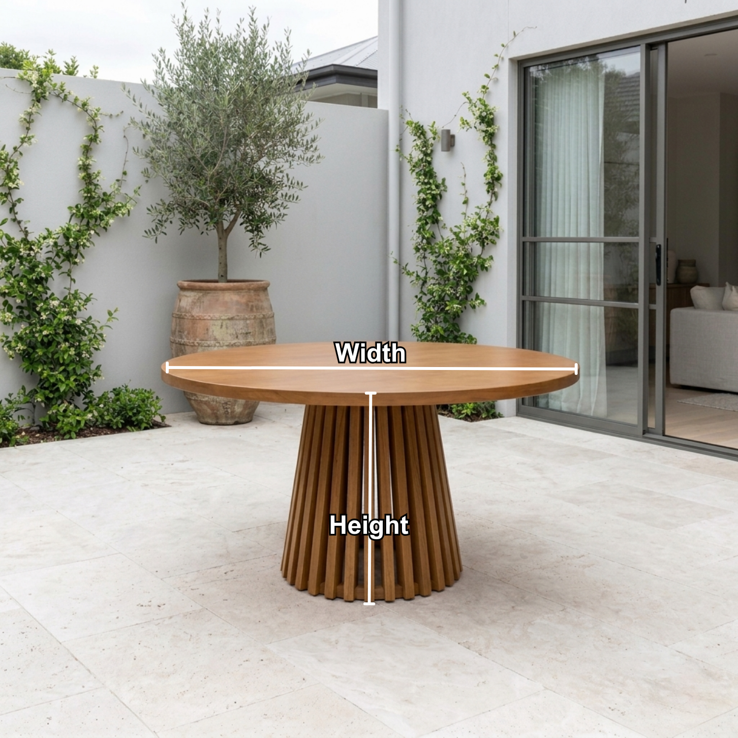 Round Solid Wood Outdoor Dining Table with Slatted Pedestal Base
