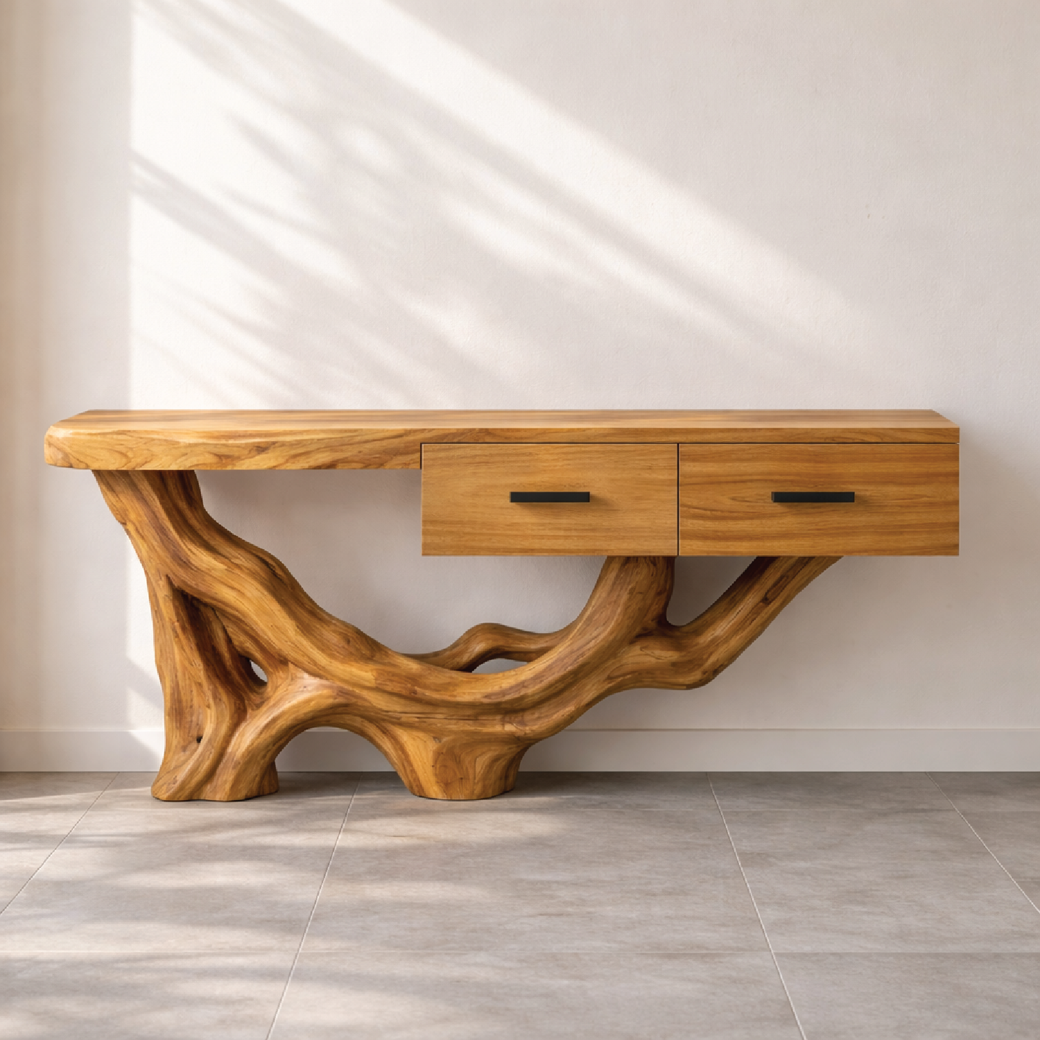 Rustic Solid Wood Console Table With Drawers, Tree Root Base Entryway Hallway Furniture