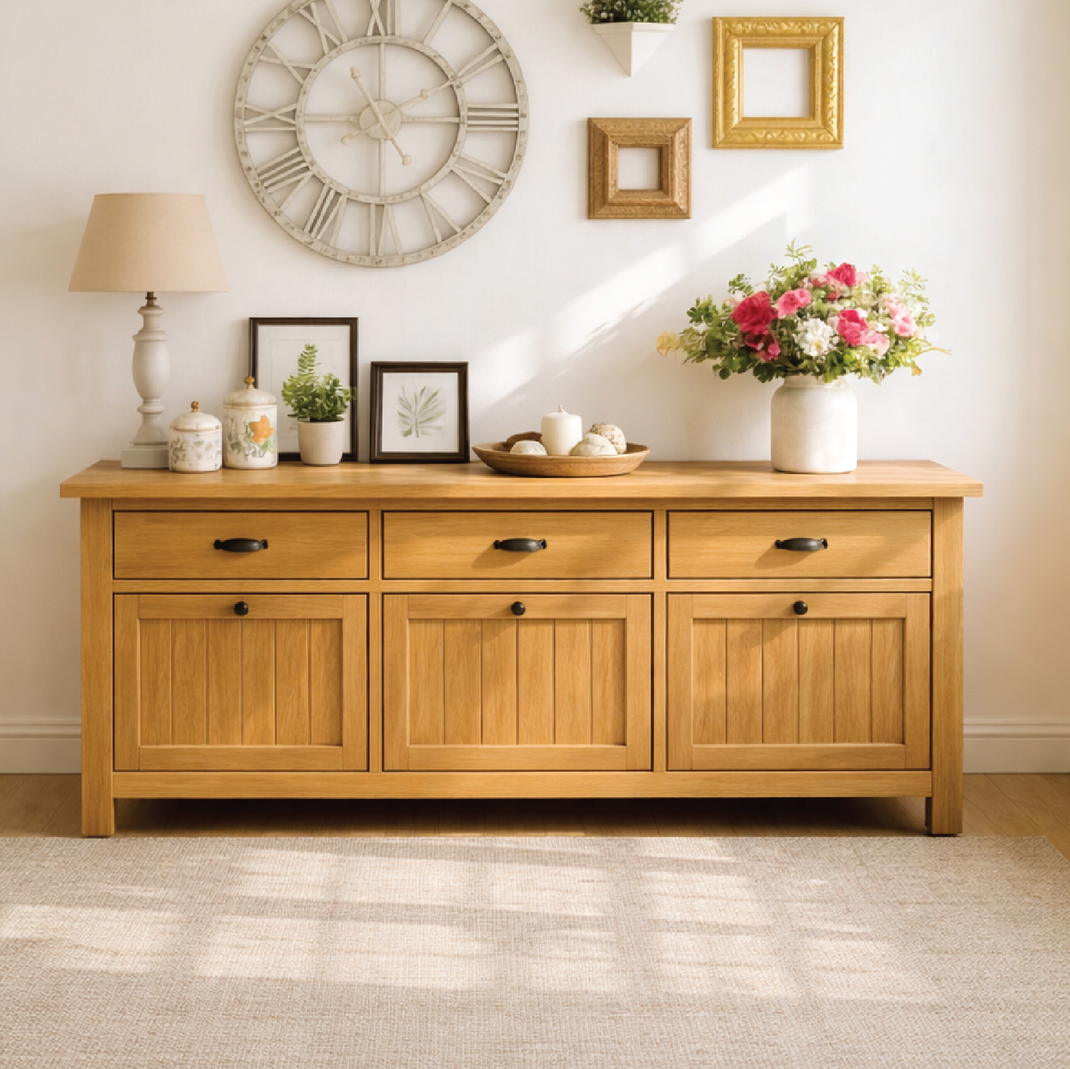 Solid Wood Sideboard Console Table with Drawers and Cabinet, Farmhouse Wood Buffet Storage Cabinet