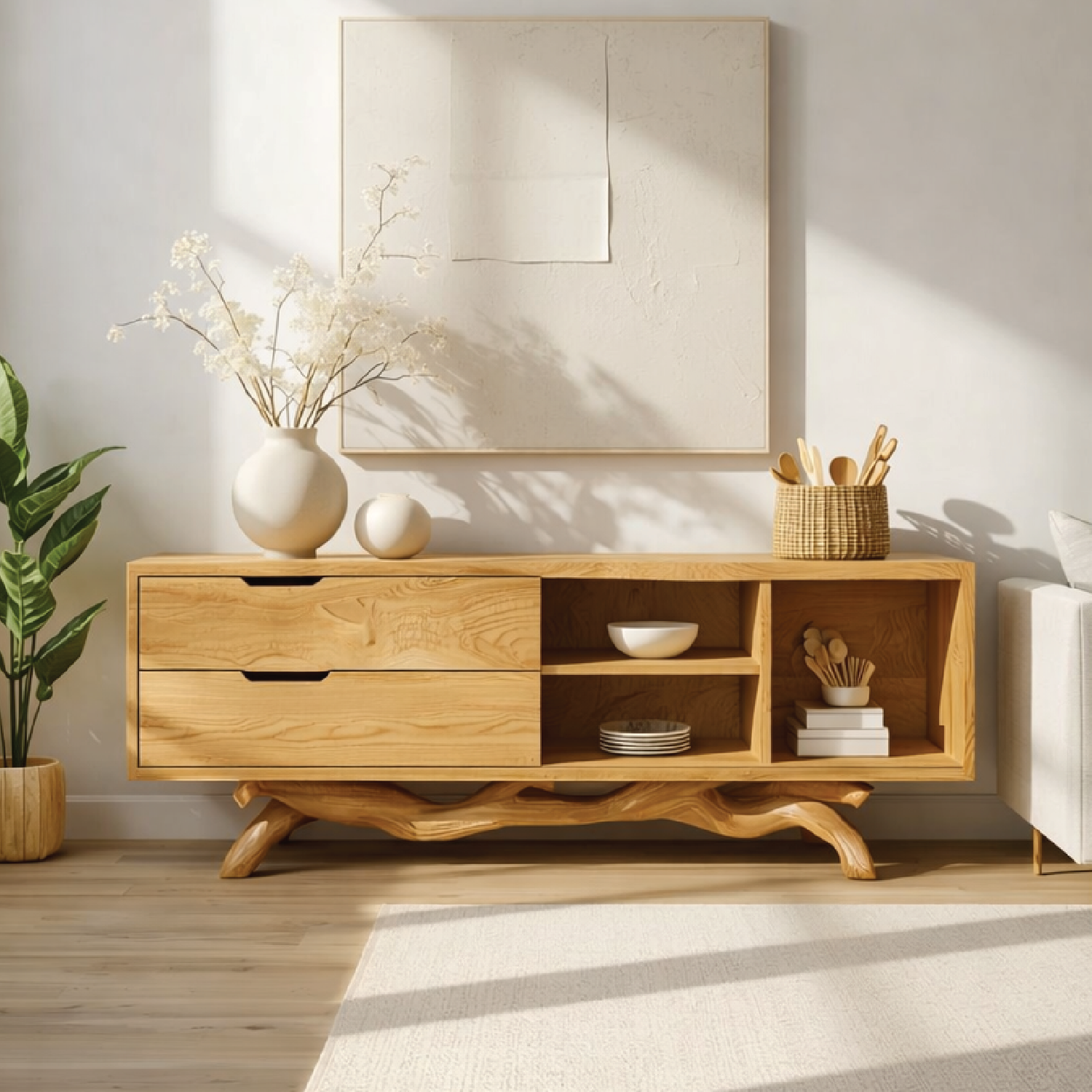Modern Solid Wood Sideboard with Sculptural Base, Mid Century Storage Cabinet
