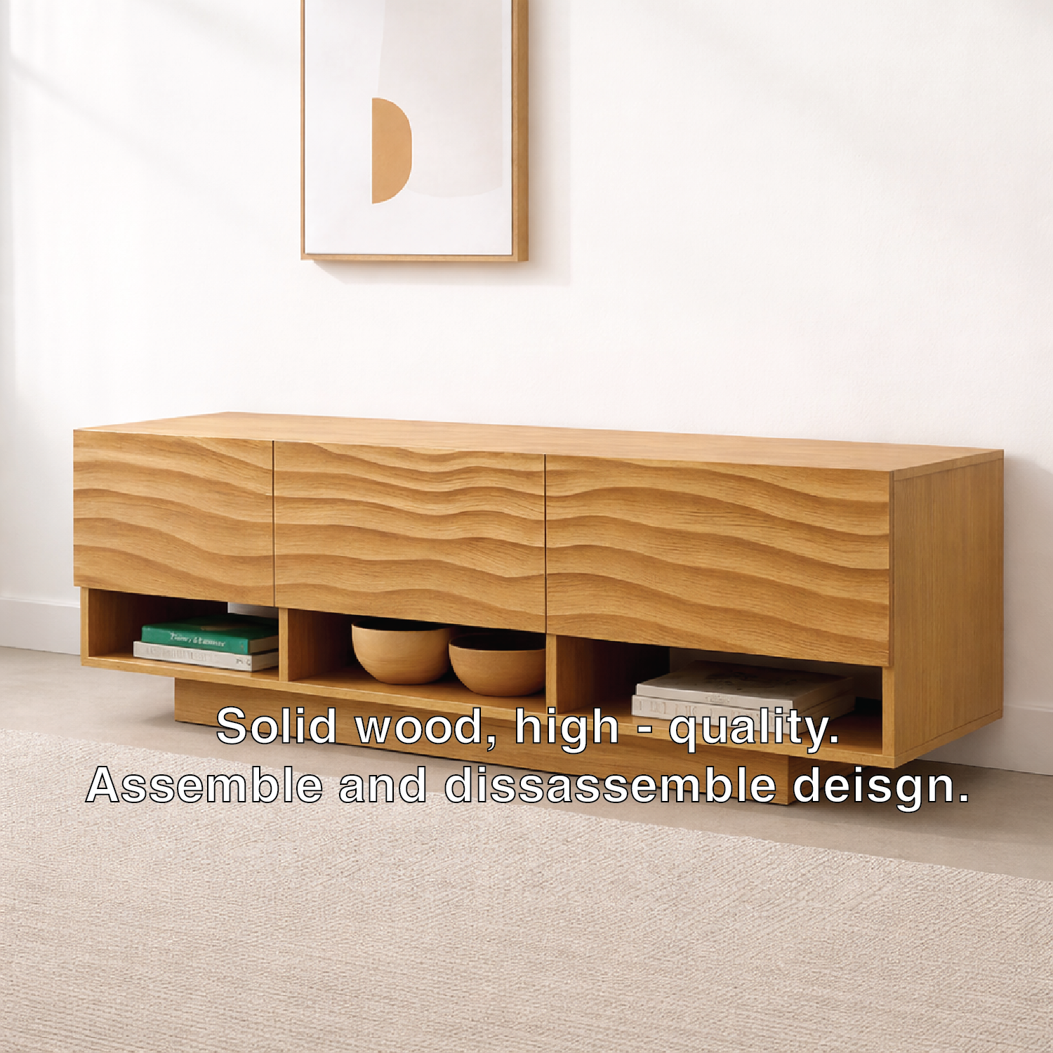 Modern Solid Wood Console Table, Minimalist Oak Media Console Cabinet with Storage Shelves