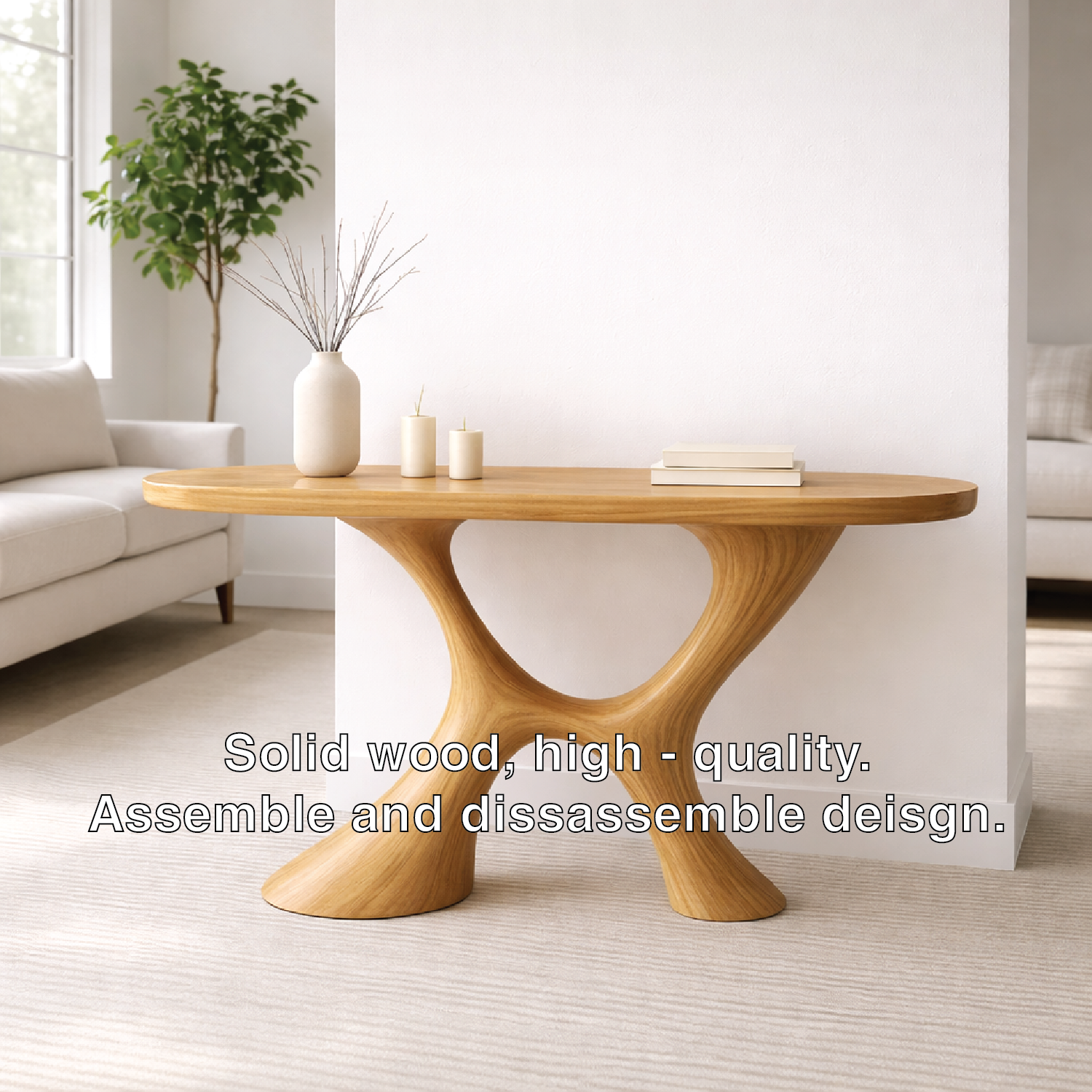 Modern Solid Wood Console Table, Sculptural Organic Base Entryway Hallway Oak Statement Furniture