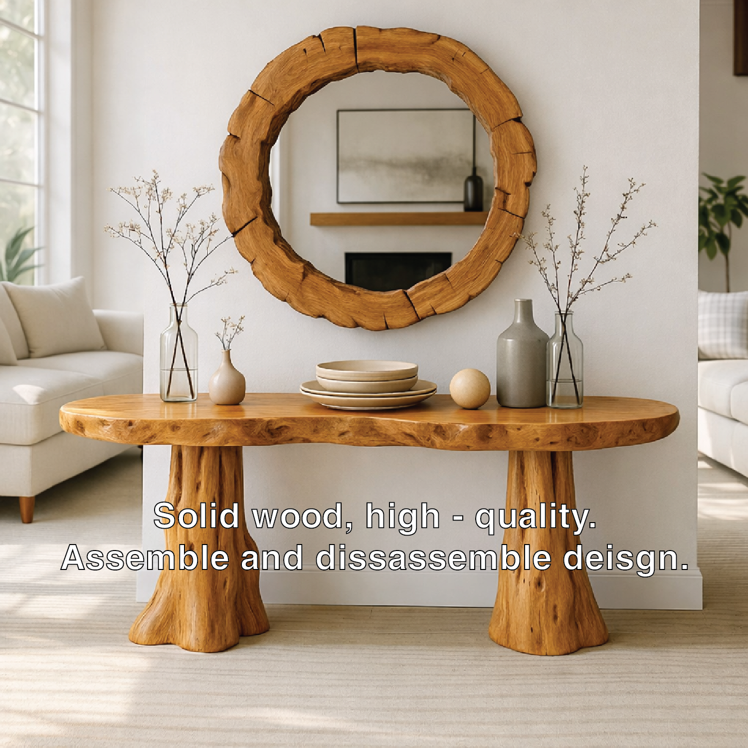 Rustic Solid Wood Console Table, Natural Tree Trunk Base Entryway Hallway Furniture