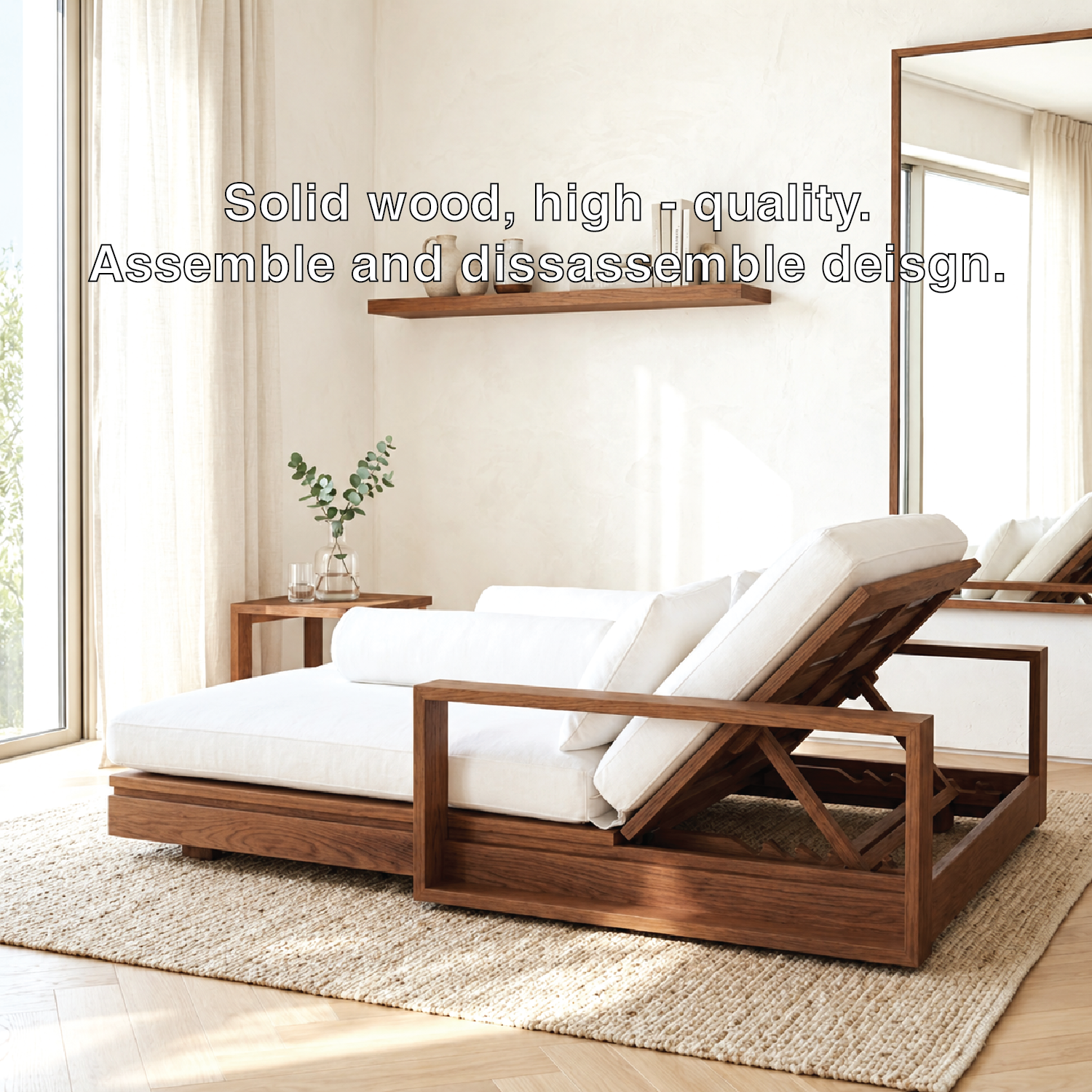 Adjustable Upholstered Daybed With Reclining Backrest, White Cushions, Lounge Chaise