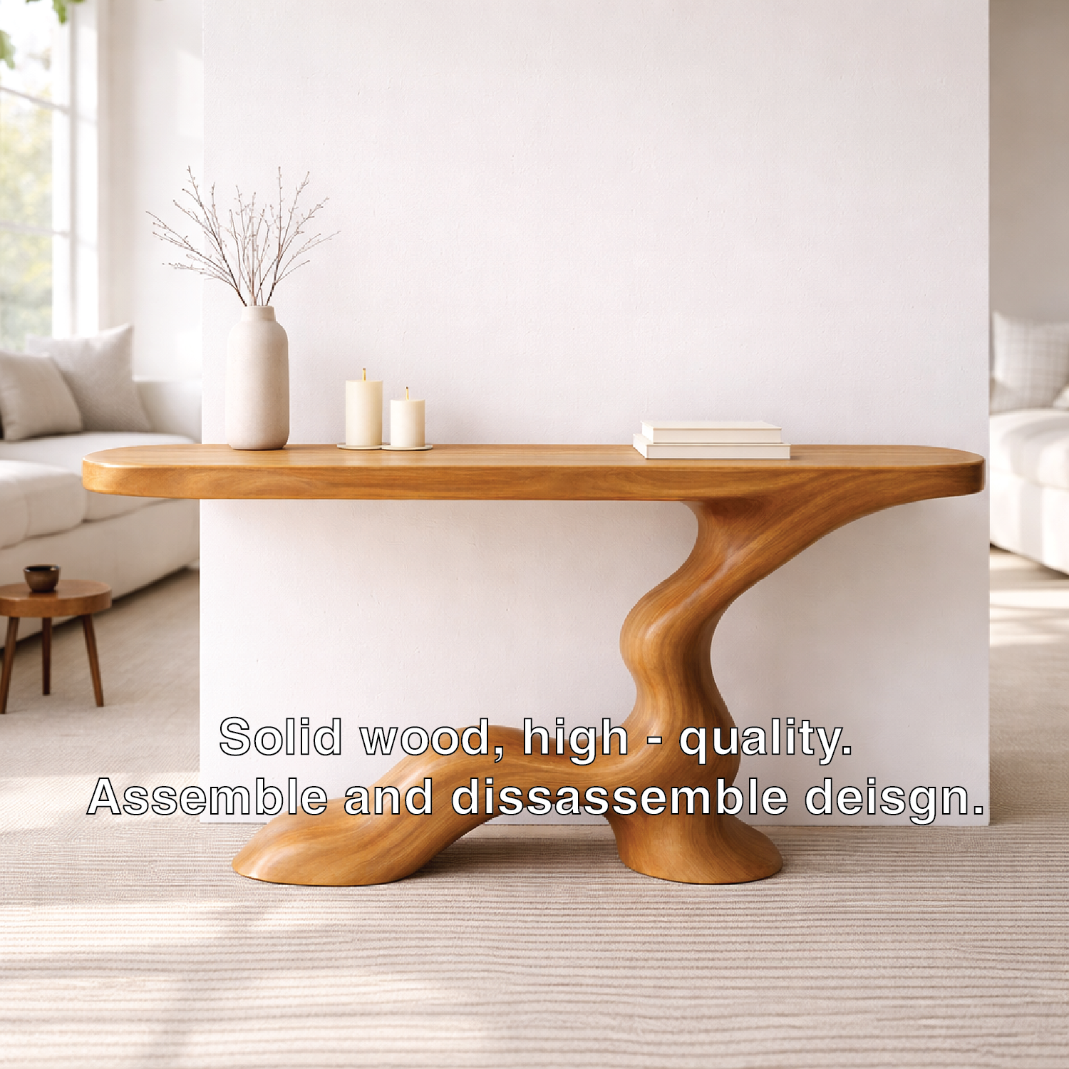Modern Solid Wood Console Table, Sculptural Curved Base Entryway Hallway Walnut Statement Furniture