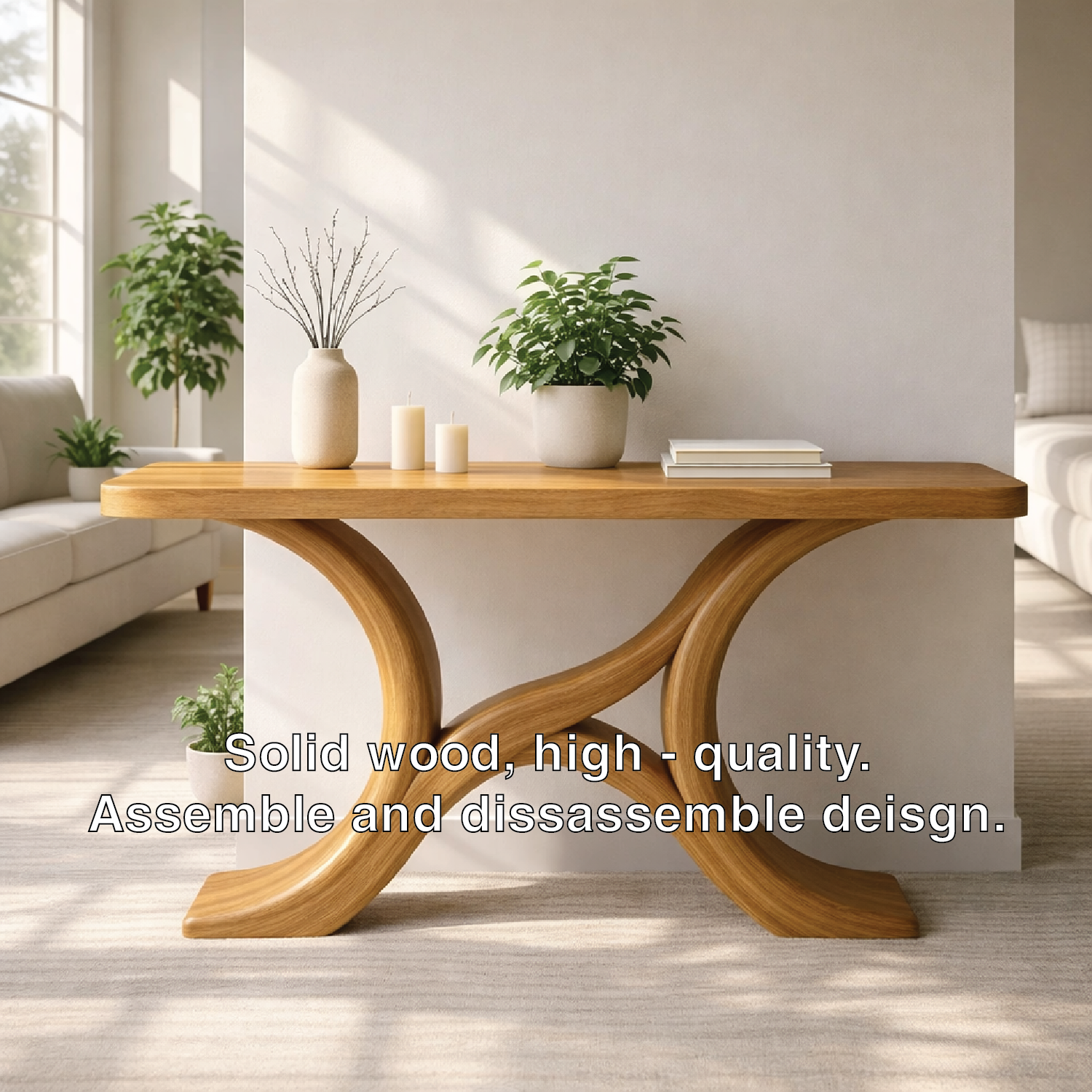 Modern Solid Wood Console Table, Sculptural Curved Base Entryway Hallway Statement Furniture