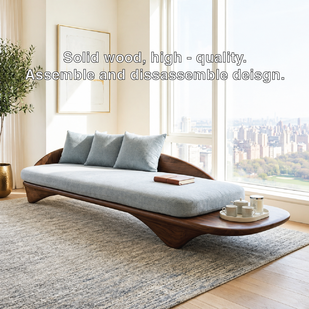 Sculptural Curved Upholstered Daybed With Side Tray, Blue Cushions, Lounge Bench