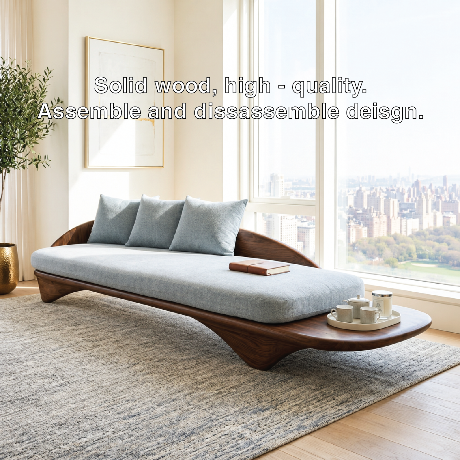 Sculptural Curved Upholstered Daybed With Side Tray, Blue Cushions, Lounge Bench