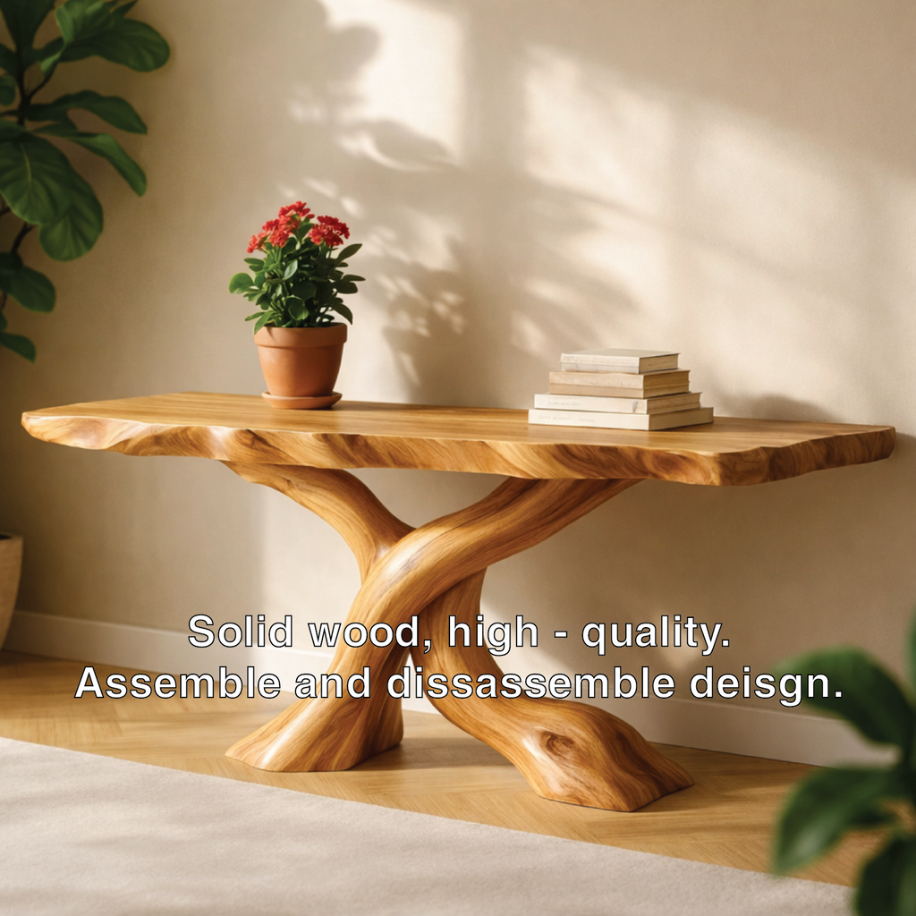 Solid Wood Entryway Console Table with Twisted Trunk Base and Natural Live Edge