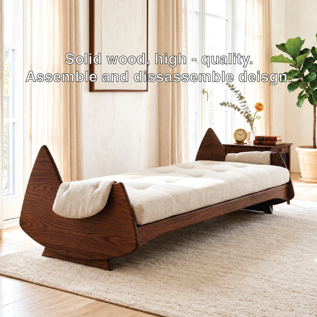 Sculptural Upholstered Daybed With Arched Ends, Cream Cushion, Bedroom Lounge Bench