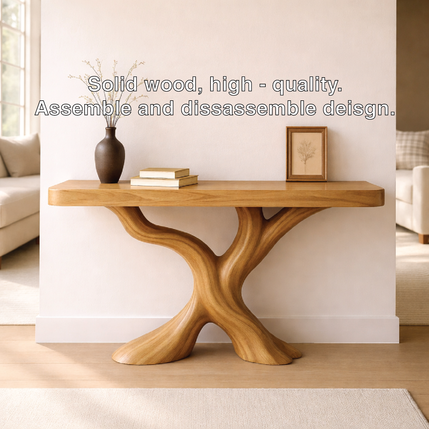Organic Solid Wood Console Table, Sculptural Tree Base Entryway Hallway Furniture