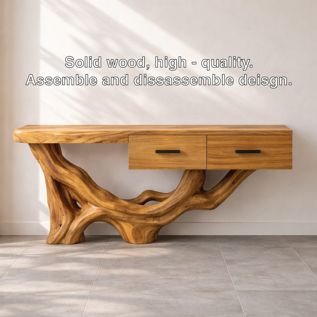 Rustic Solid Wood Console Table With Drawers, Tree Root Base Entryway Hallway Furniture