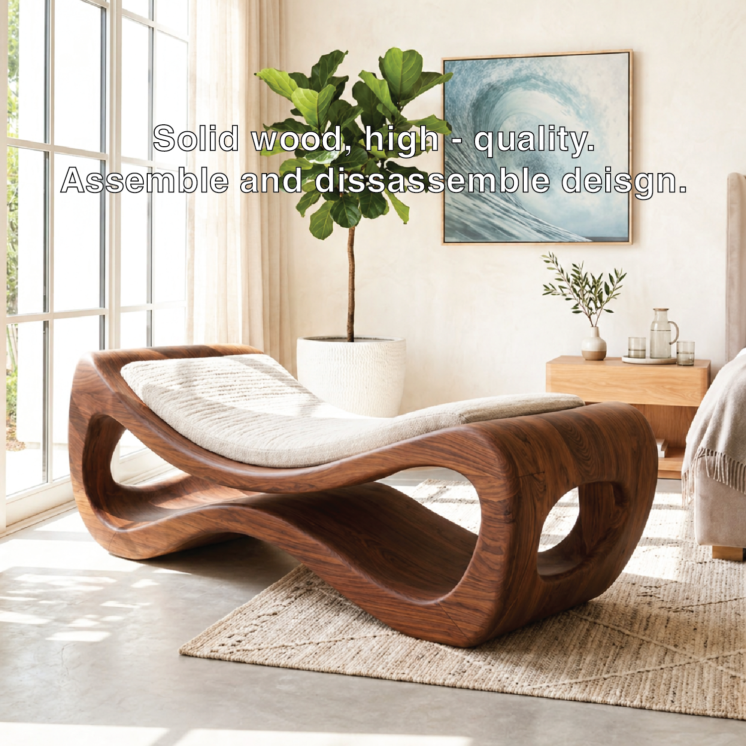 Sculptural Upholstered Daybed Organic Cutout Frame, Cream Cushion Lounger