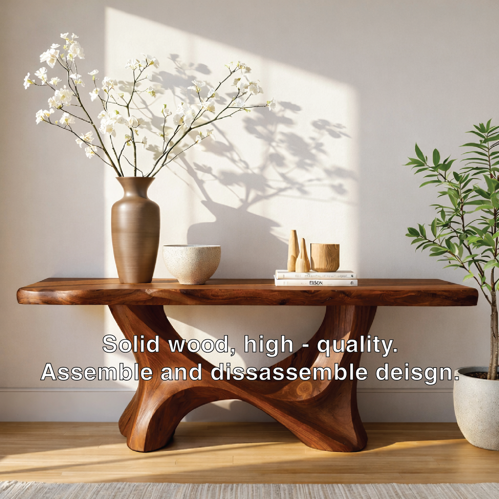 Handcrafted Solid Wood Console Table with Sculptural Organic Base and Live Edge Natural Finish