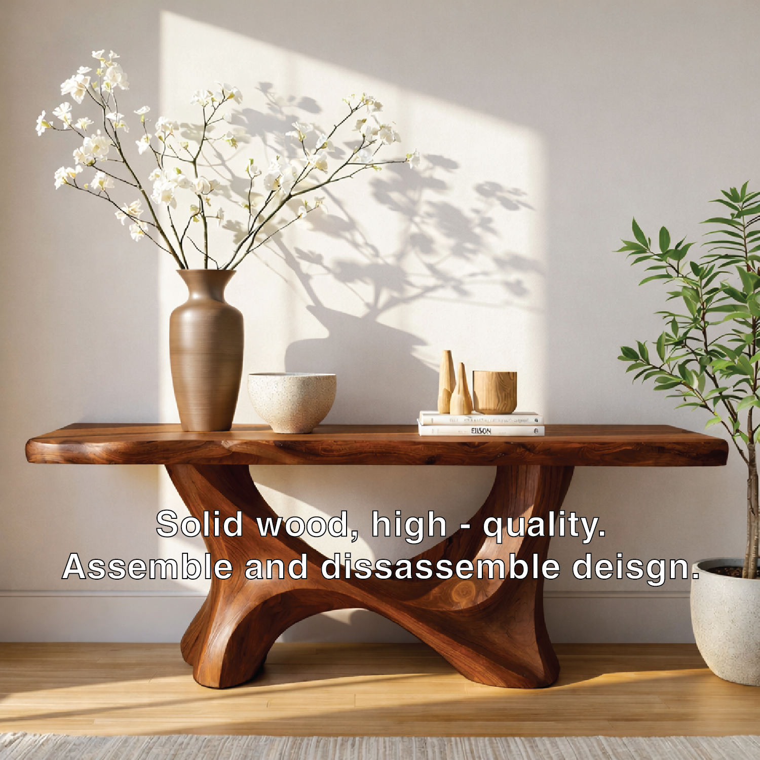 Handcrafted Solid Wood Console Table with Sculptural Organic Base and Live Edge Natural Finish
