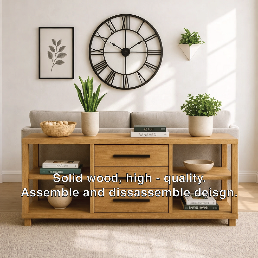 Solid Wood Console Table with Drawers and Shelves, Modern Walnut Entryway Sofa Table Storage Cabinet