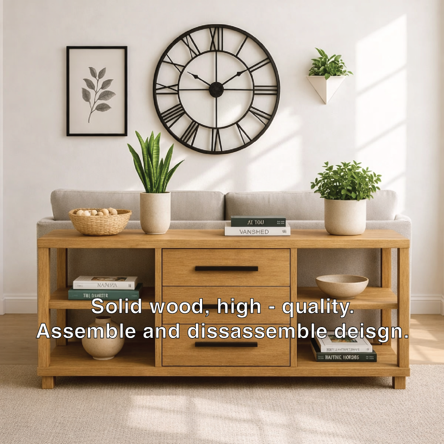 Solid Wood Console Table with Drawers and Shelves, Modern Walnut Entryway Sofa Table Storage Cabinet