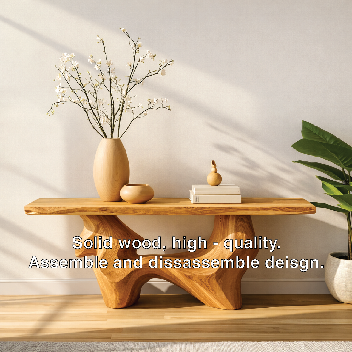Handcrafted Solid Wood Console Table with Organic Curved Base and Natural Live Edge Design