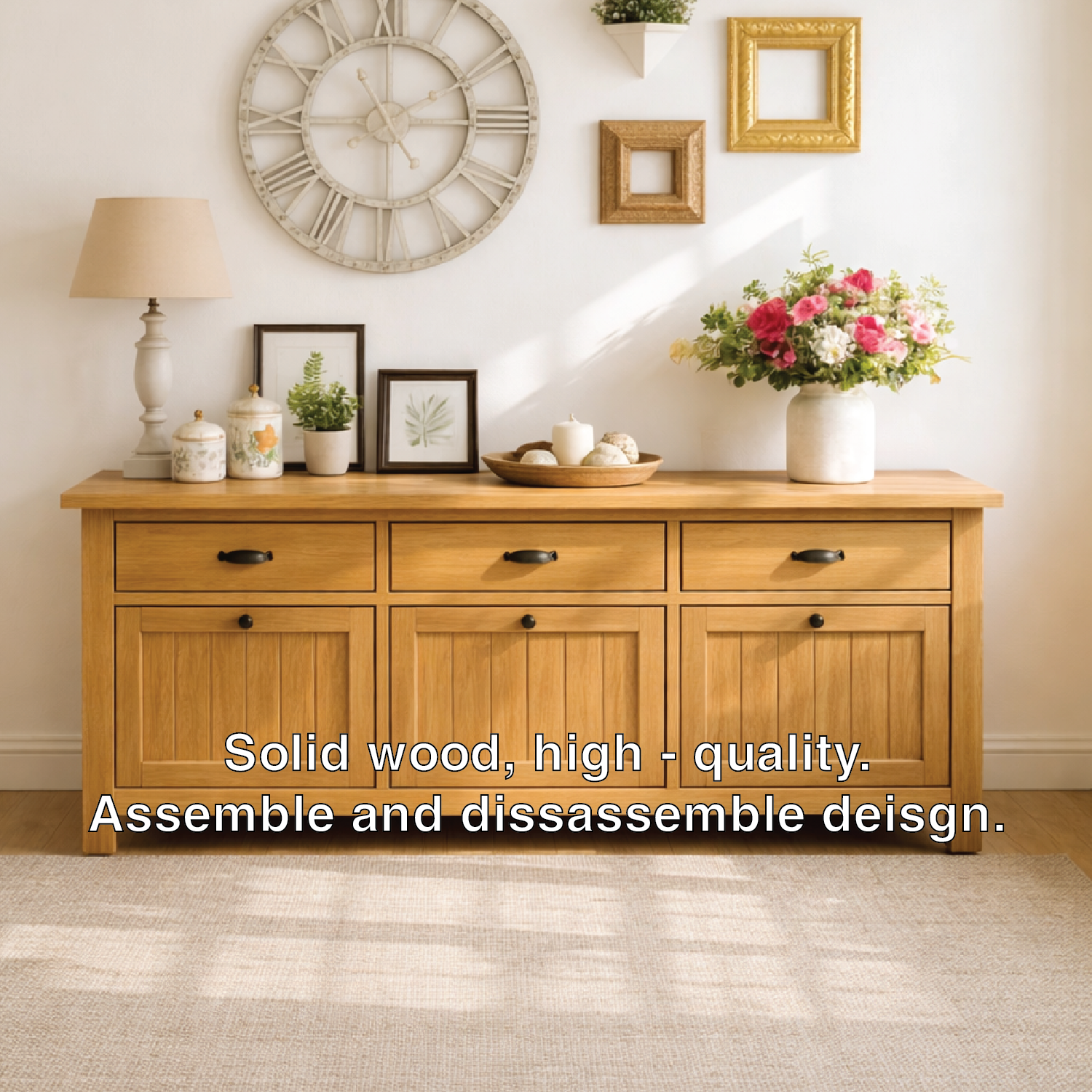 Solid Wood Sideboard Console Table with Drawers and Cabinet, Farmhouse Wood Buffet Storage Cabinet