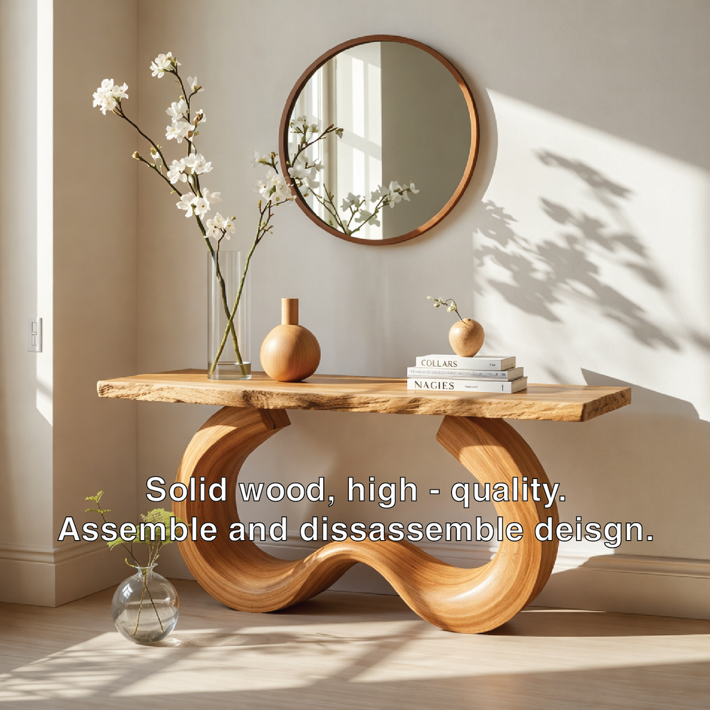 Handcrafted Solid Wood Console Table with Artistic Curved Base and Modern Minimalist Design