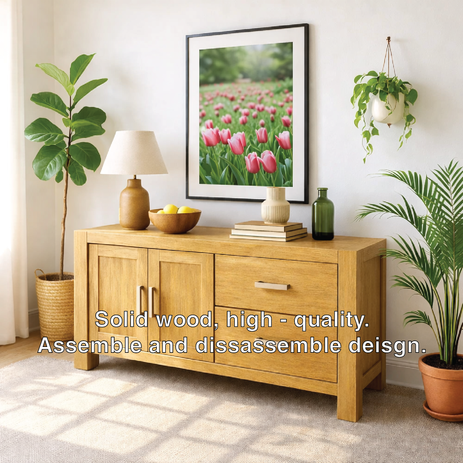 Solid Wood Console Table, Modern Wood Buffet Console with Doors and Drawers Storage