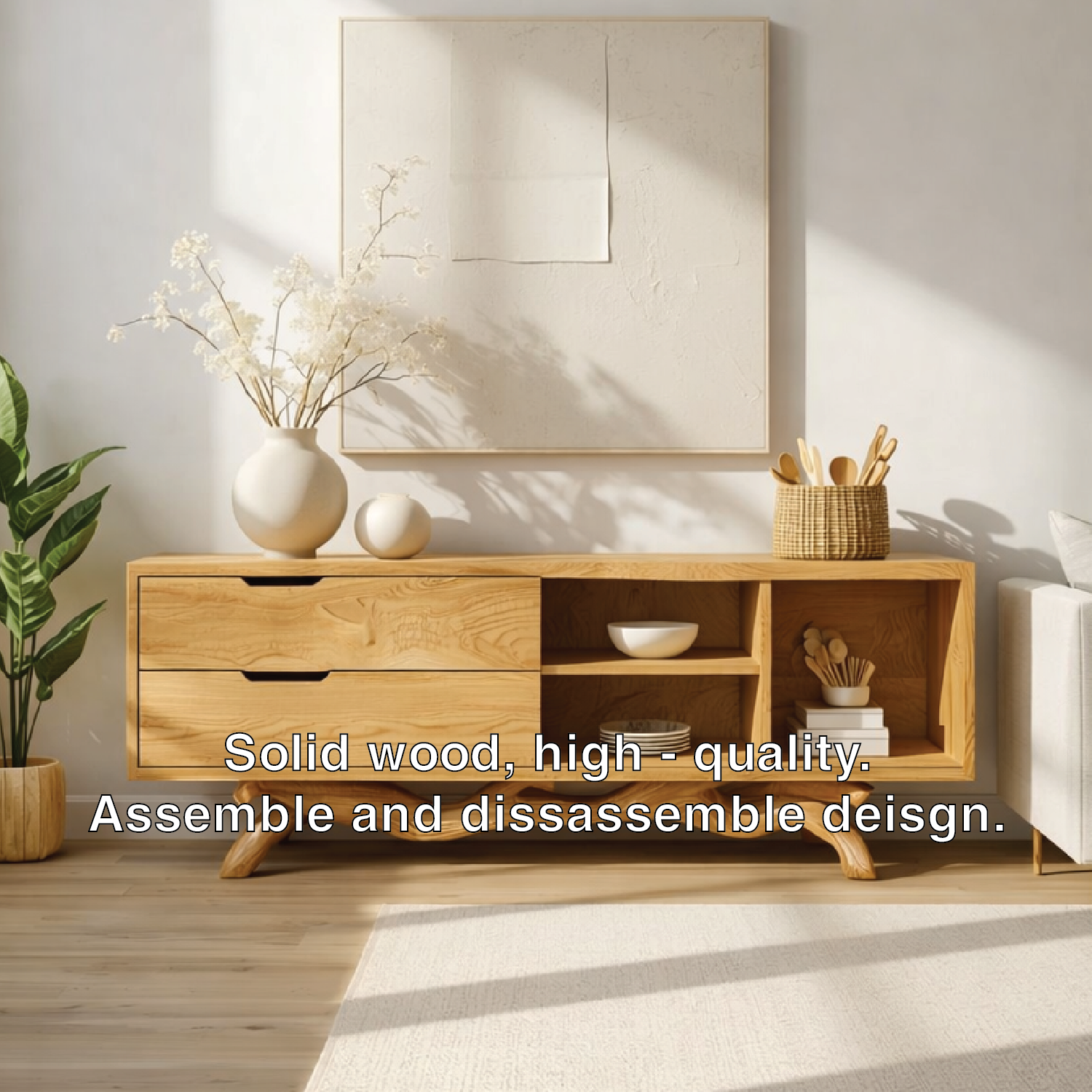 Modern Solid Wood Sideboard with Sculptural Base, Mid Century Storage Cabinet
