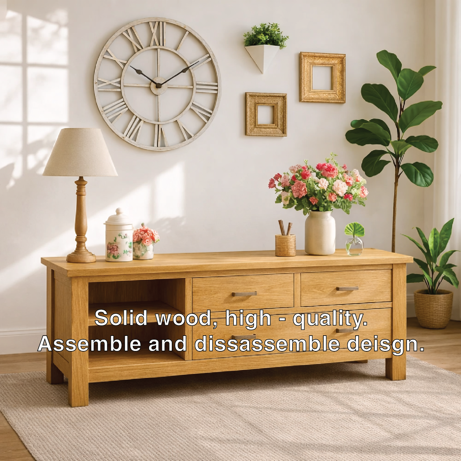 Solid Wood Console Table with Drawers, Farmhouse Wood Media Cabinet with Storage