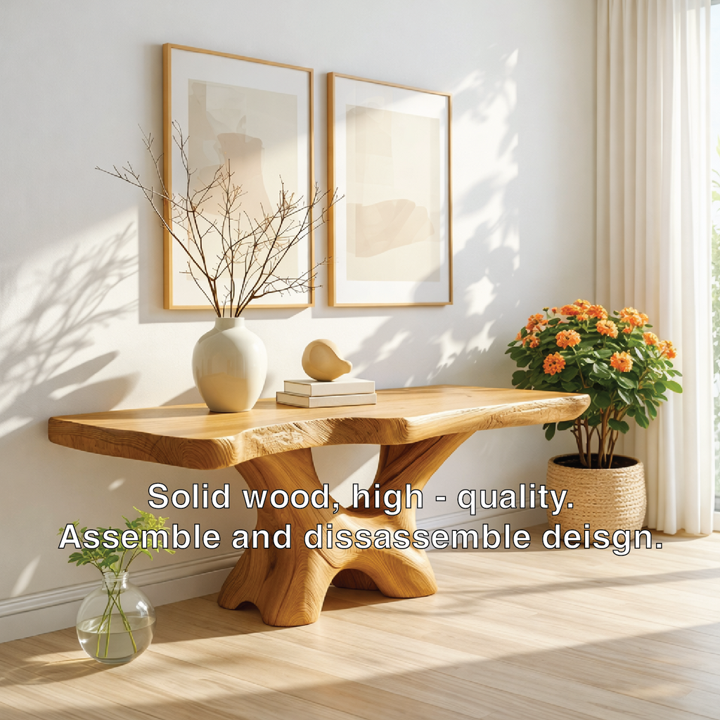 Handcrafted Solid Wood Console Table with Sculptural Base and Natural Grain Live Edge Design