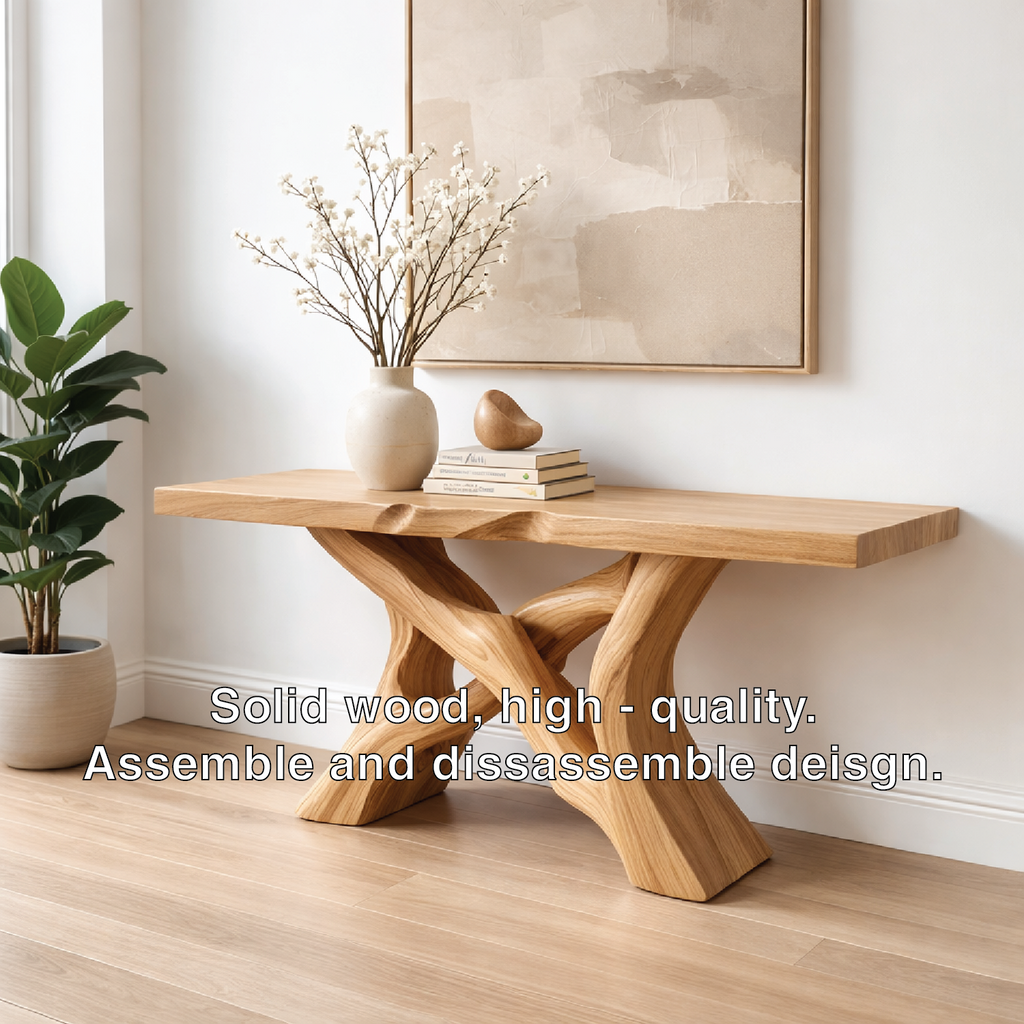 Handcrafted Solid Wood Console Table with Artistic Twisted Base and Natural Light Finish Design