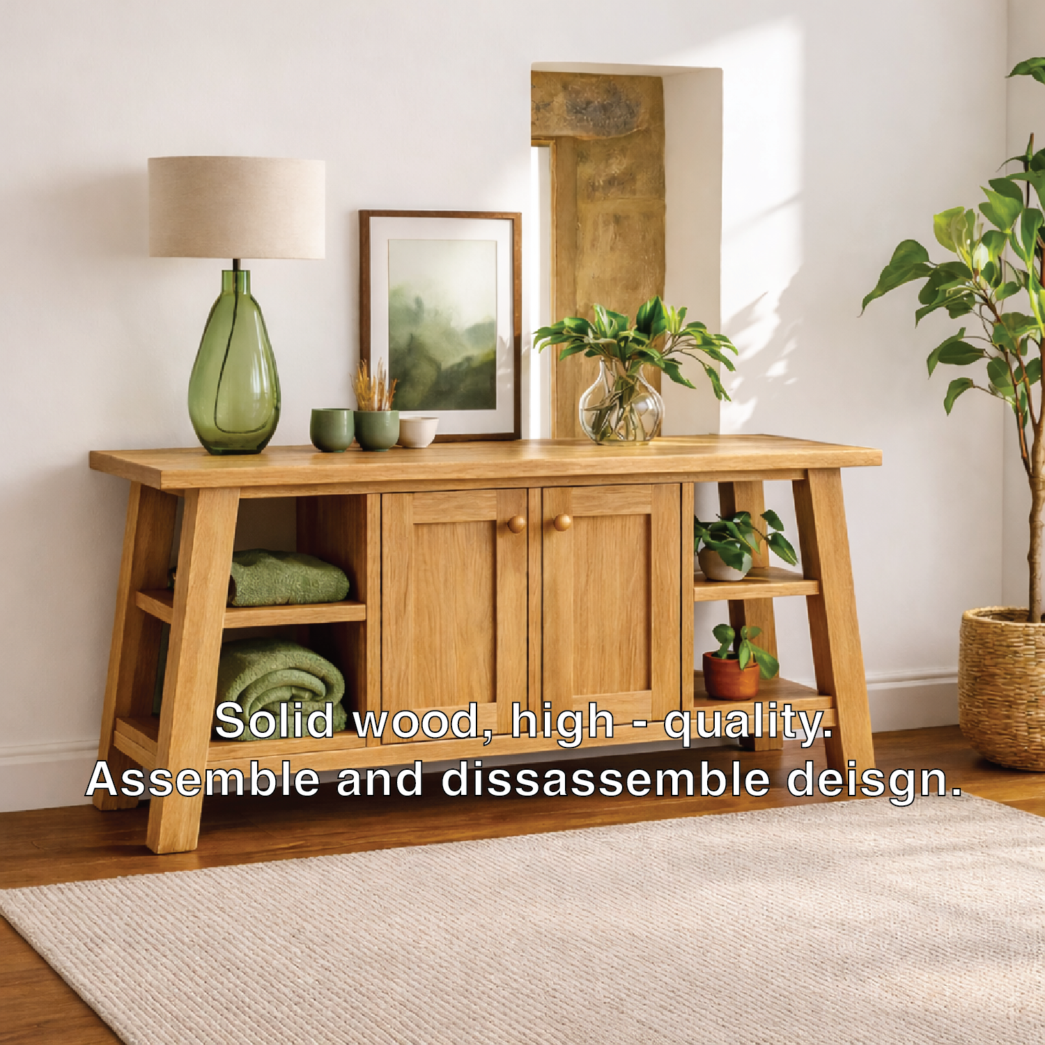 Modern Solid Wood Sideboard Cabinet, Farmhouse Buffet Storage Console with Shelves and Doors