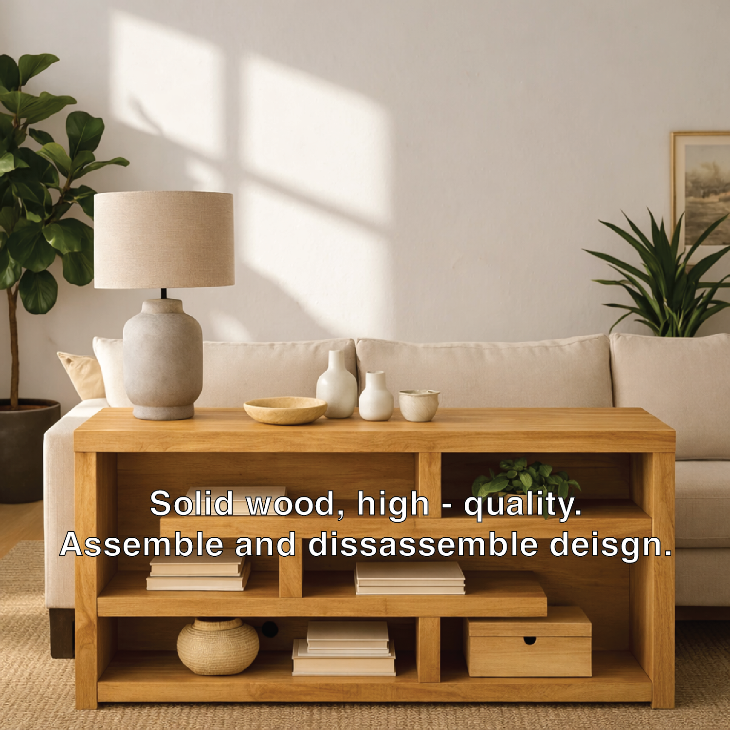 Modern Wood Console Table, Mid Century Media Console Cabinet with Open Storage Shelves