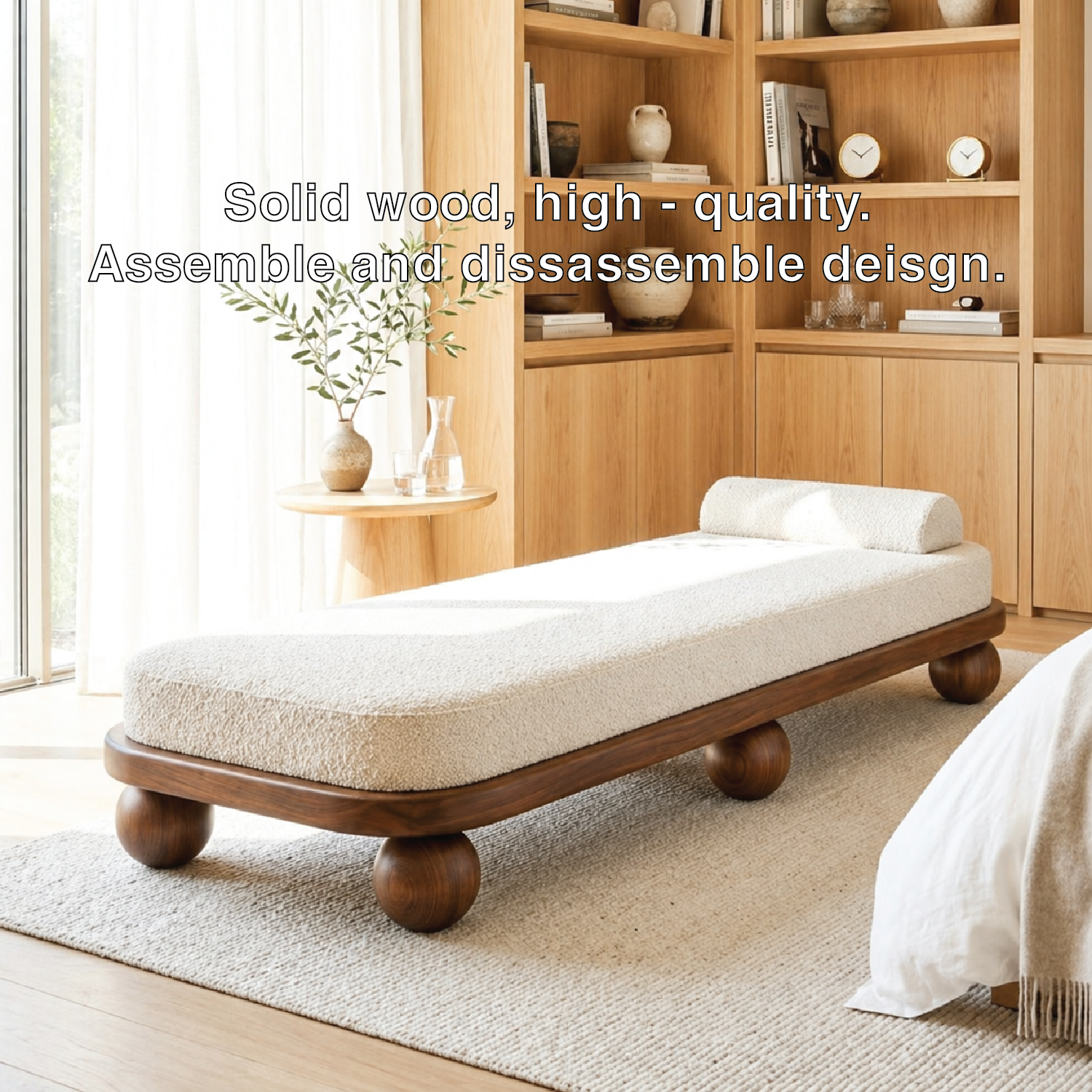 Modern Upholstered Daybed With Rounded Frame, Sculptural Ball Legs, Bedroom Lounge