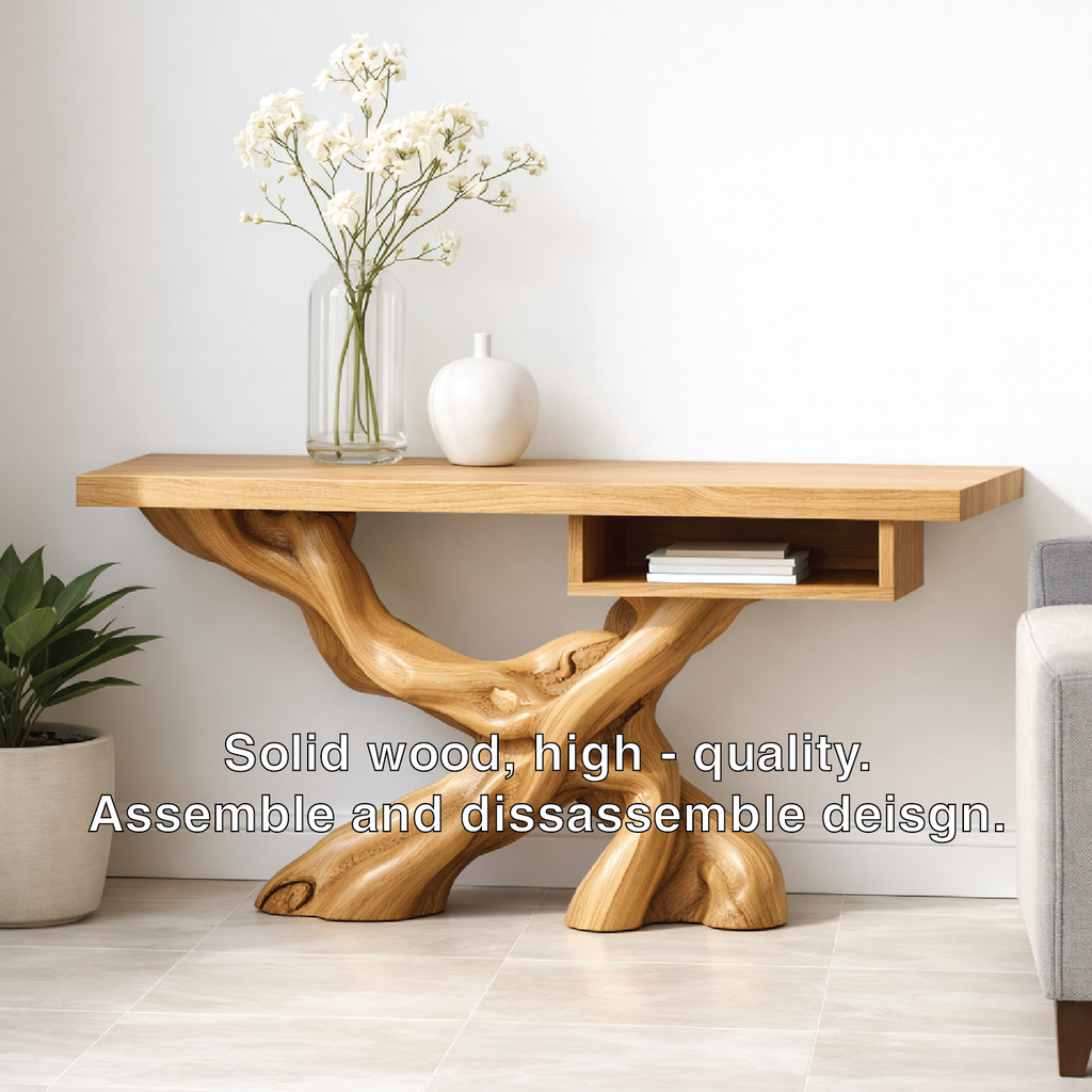 Handcrafted Solid Wood Console Table with Organic Tree-Root Base and Floating Shelf Design