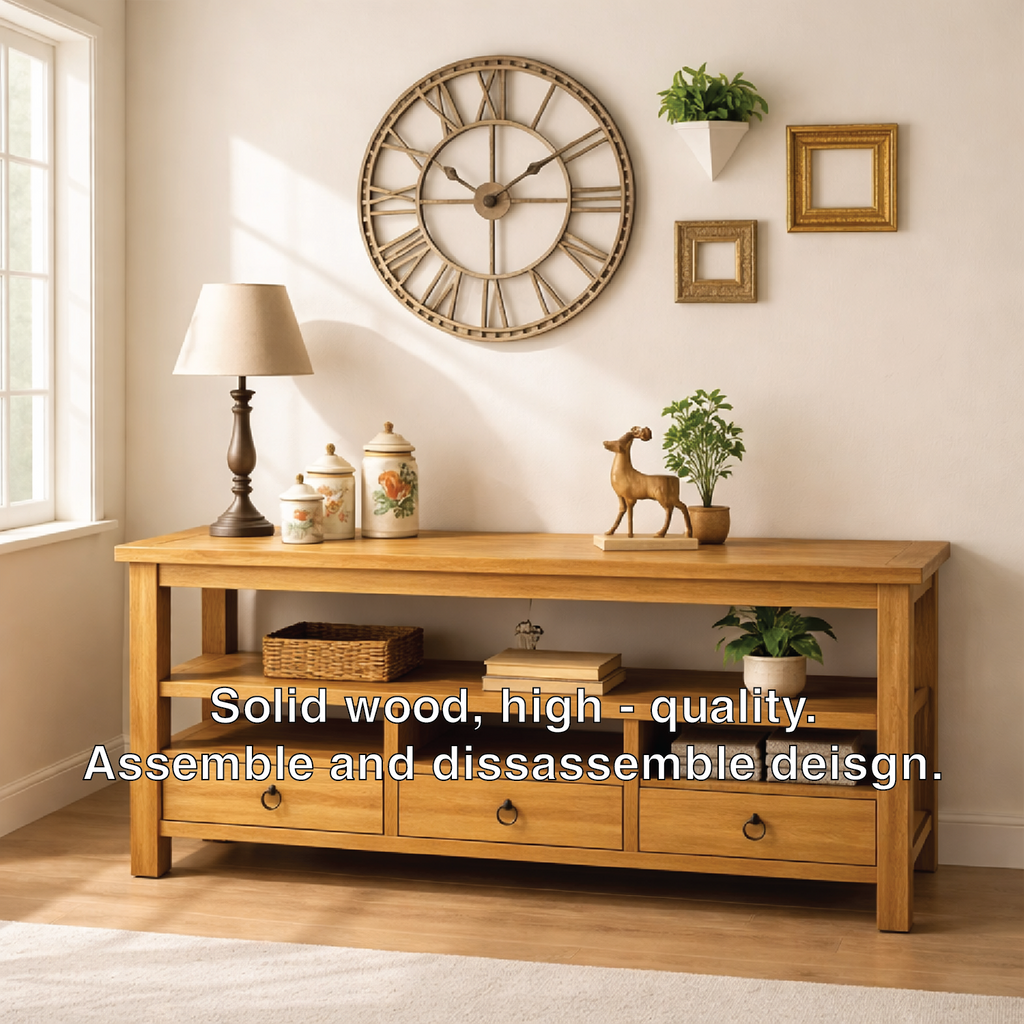 Solid Wood Console Table with Drawers, Rustic Oak Media Console Table with Open Shelves