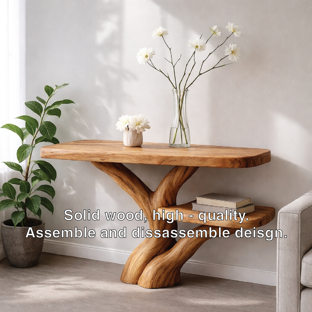 Handcrafted Tree Console Table – Solid Wood Entryway Table with Natural Root Design and Floating Shelf