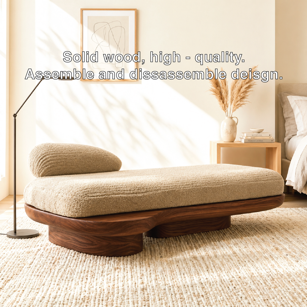 Sculptural Upholstered Daybed With Curved Base, Boucle Cushion, Bedroom Lounge Seat