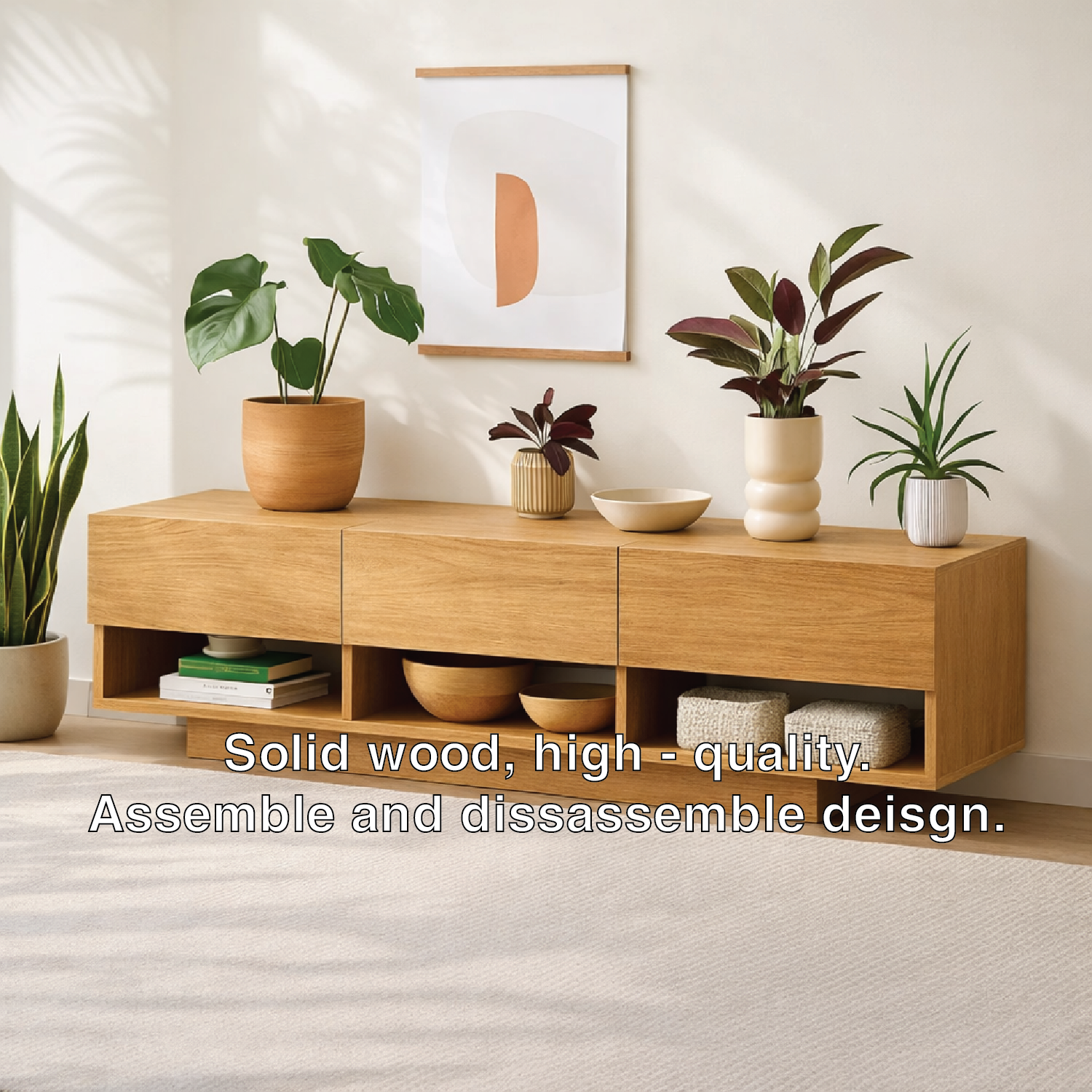 Modern Solid Wood Console Table, Minimalist Media Console Cabinet with Open Storage Shelves
