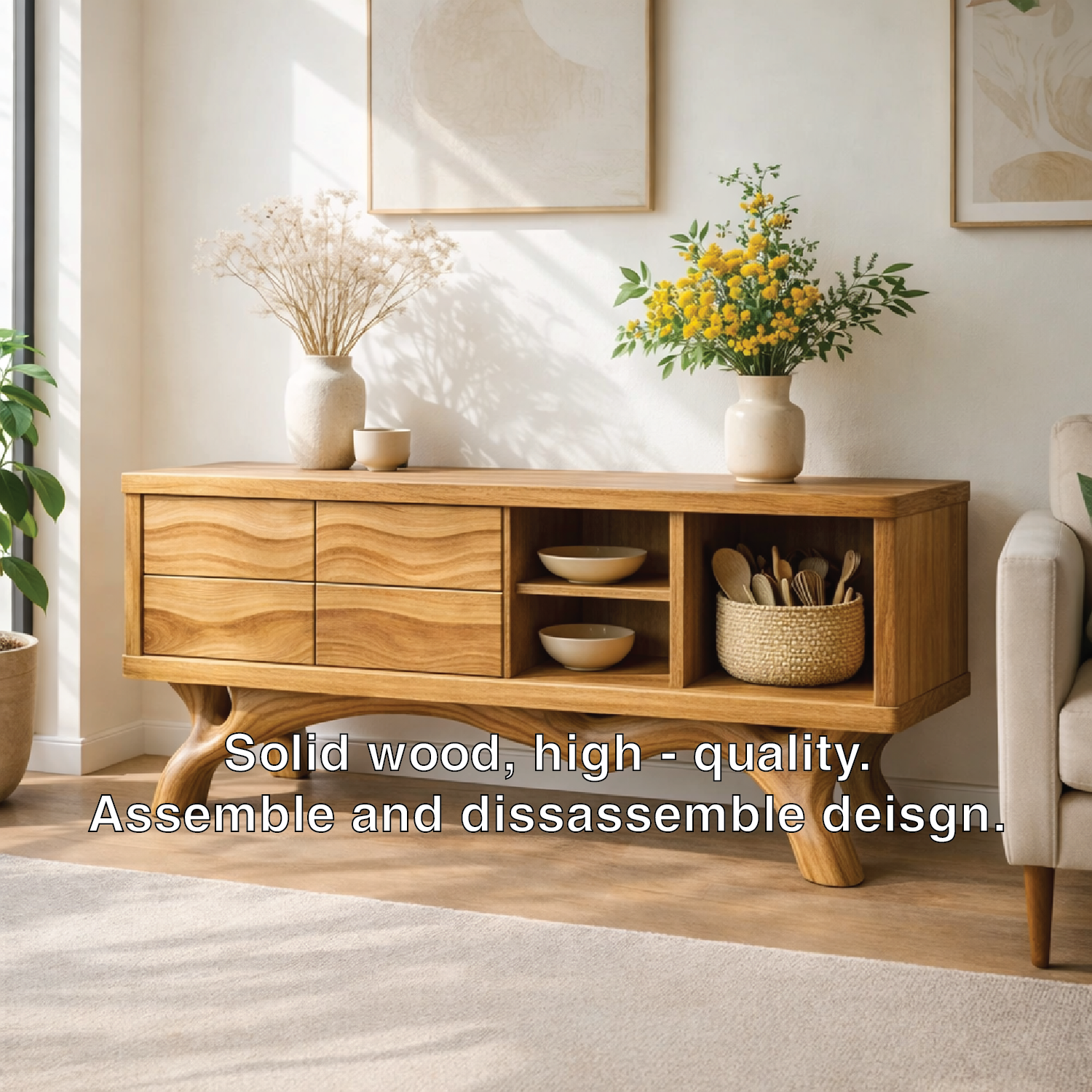 Modern Solid Wood Sideboard Cabinet, Oak Buffet Storage Console with Shelves and Drawers