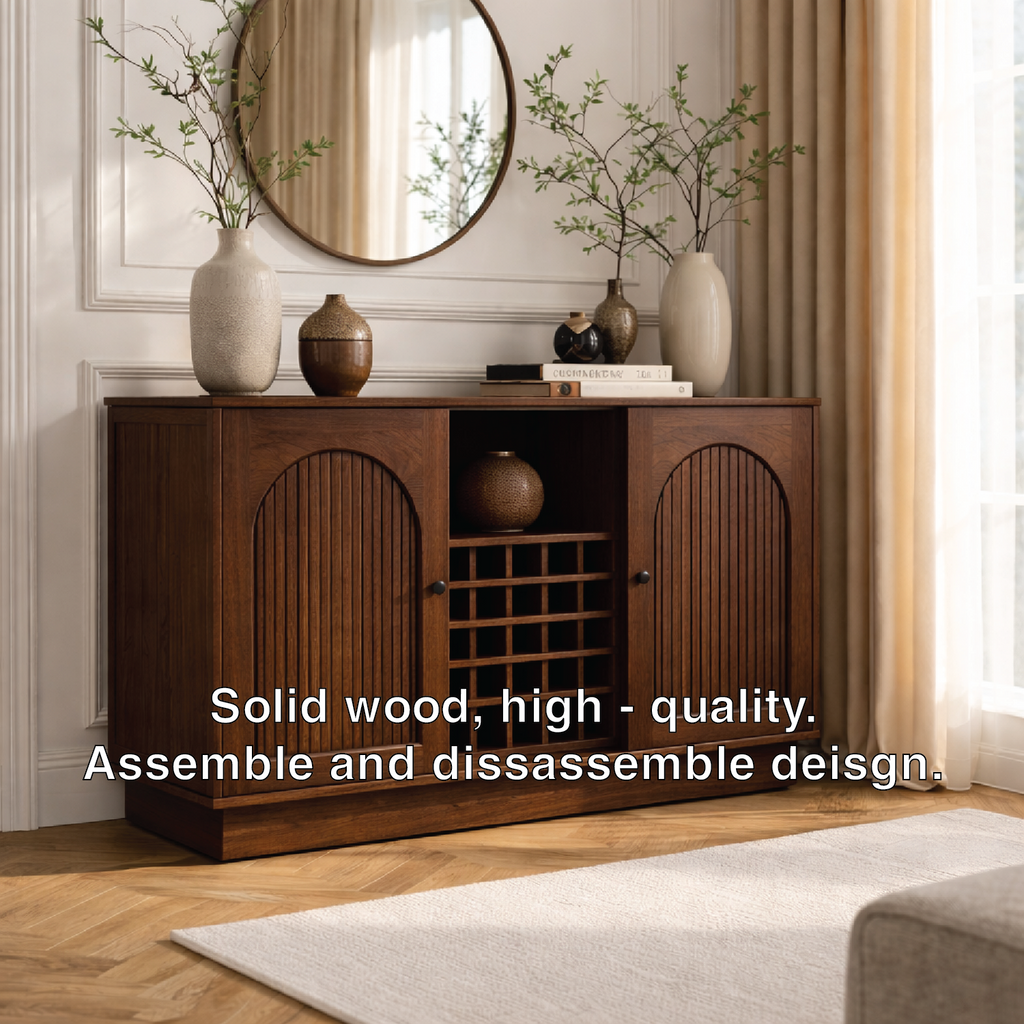 Arched Slatted Wood Wine Cabinet with Bottle Rack Modern Bar Storage