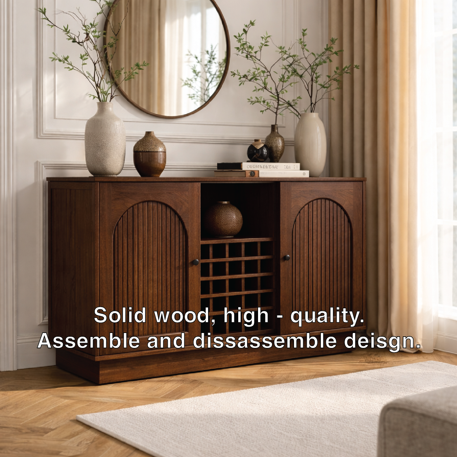 Arched Slatted Wood Wine Cabinet with Bottle Rack Modern Bar Storage