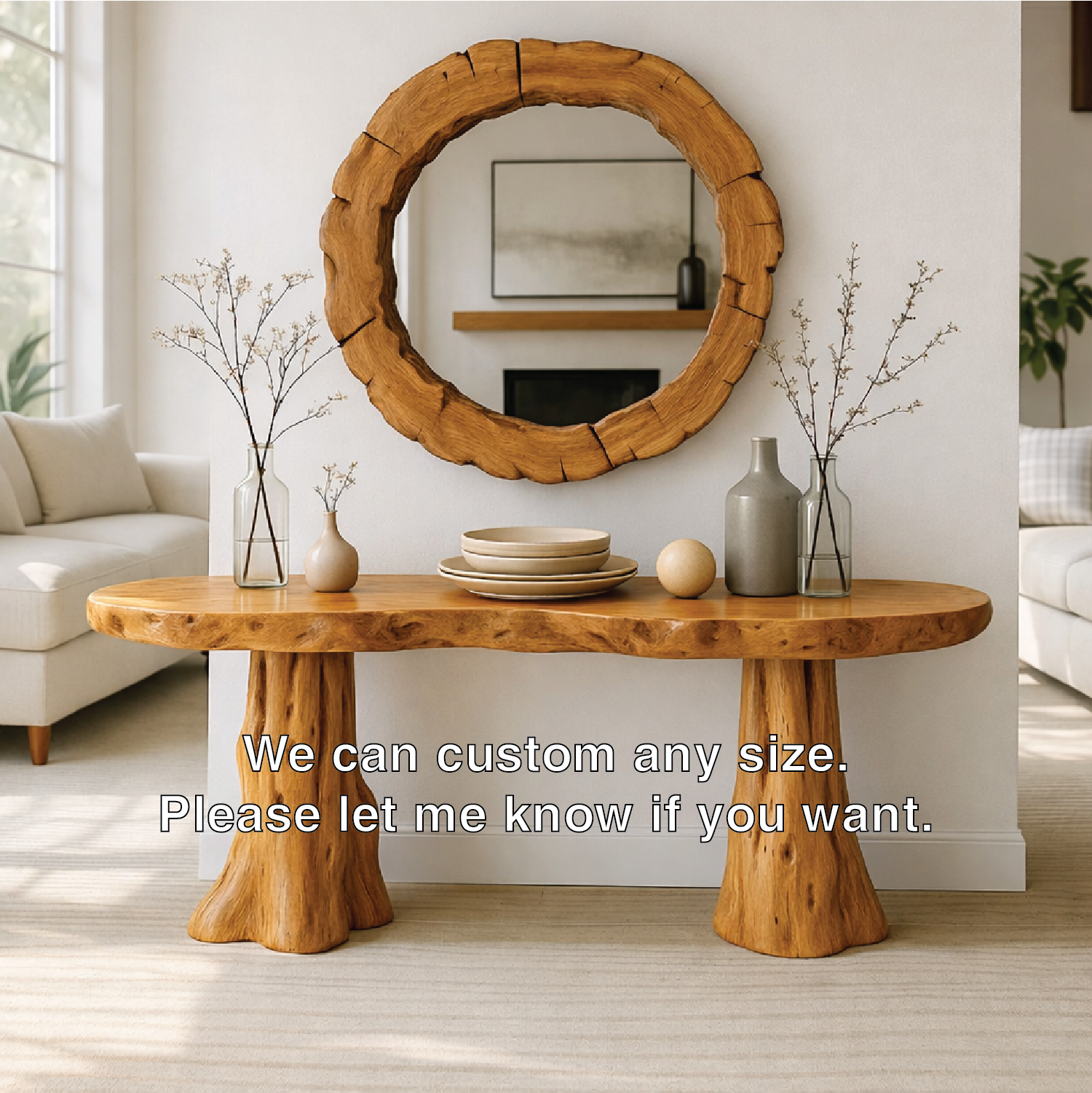 Rustic Solid Wood Console Table, Natural Tree Trunk Base Entryway Hallway Furniture