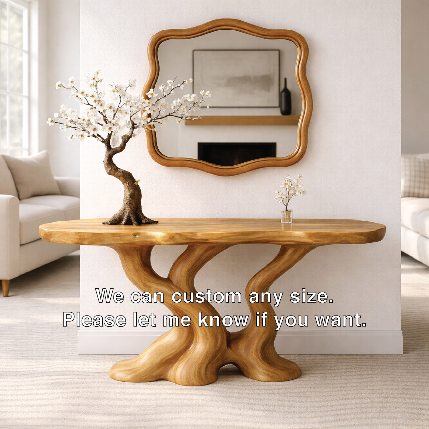 Sculptural Solid Wood Console Table, Organic Tree Root Base Entryway Hallway Furniture